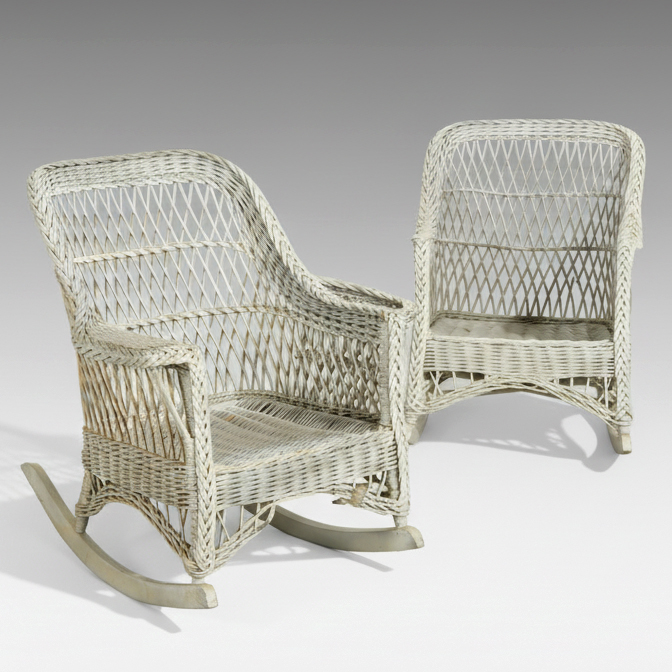 Painted Rattan Wicker Patio Rocking Chairs, Mid to Late 20th Century