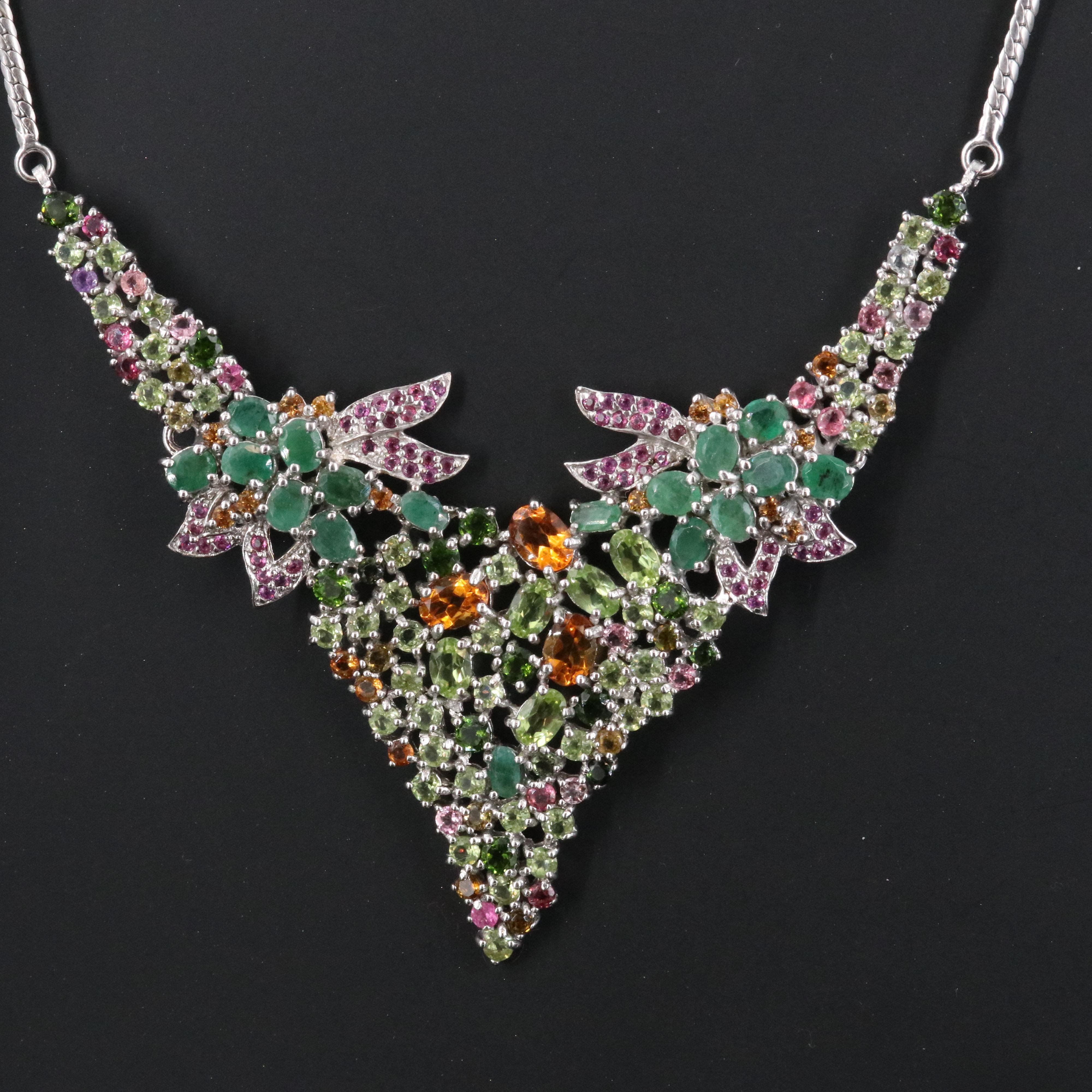 Sterling Emerald, Rhodolite Garnet and Peridot Bib Necklace