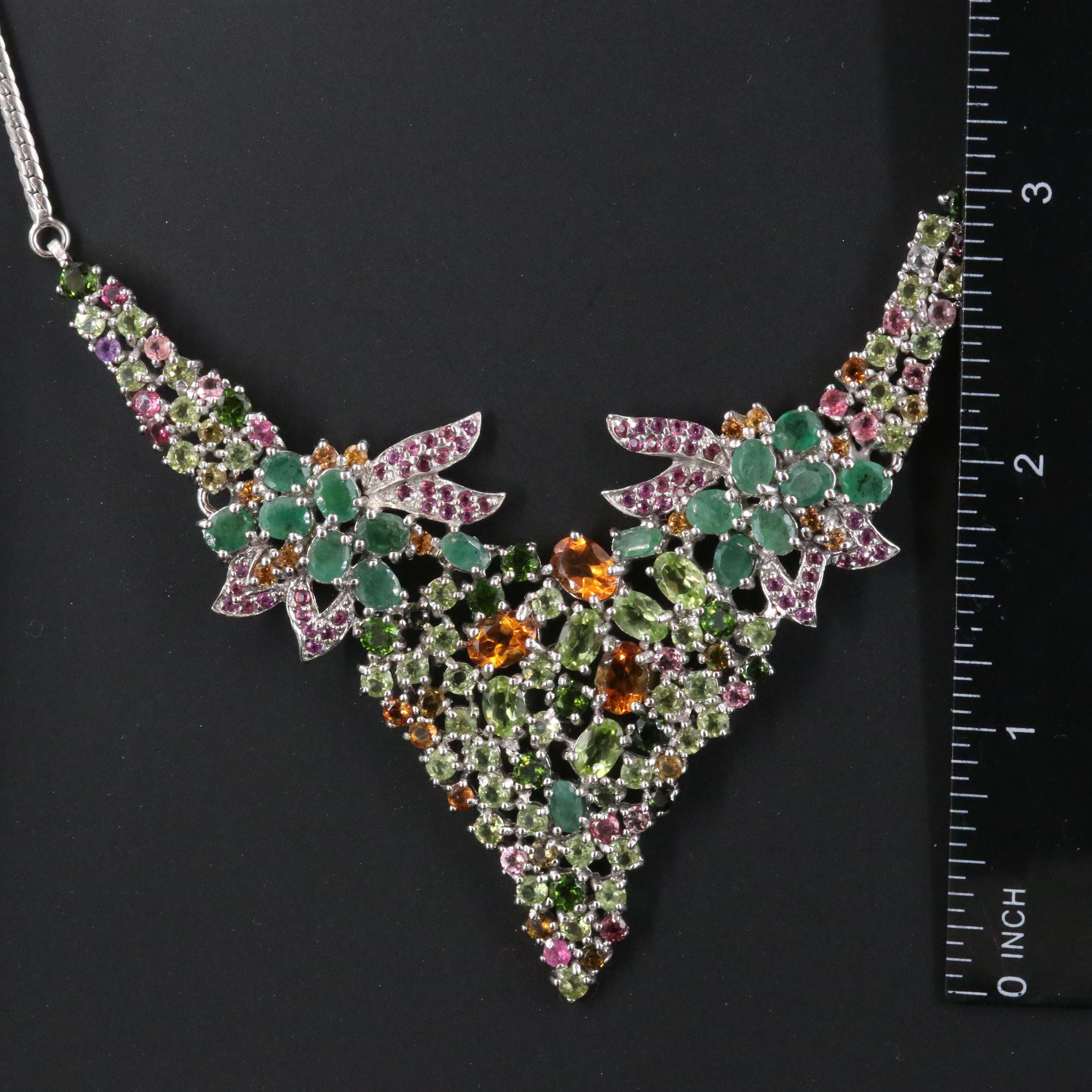 Sterling Emerald, Rhodolite Garnet and Peridot Bib Necklace