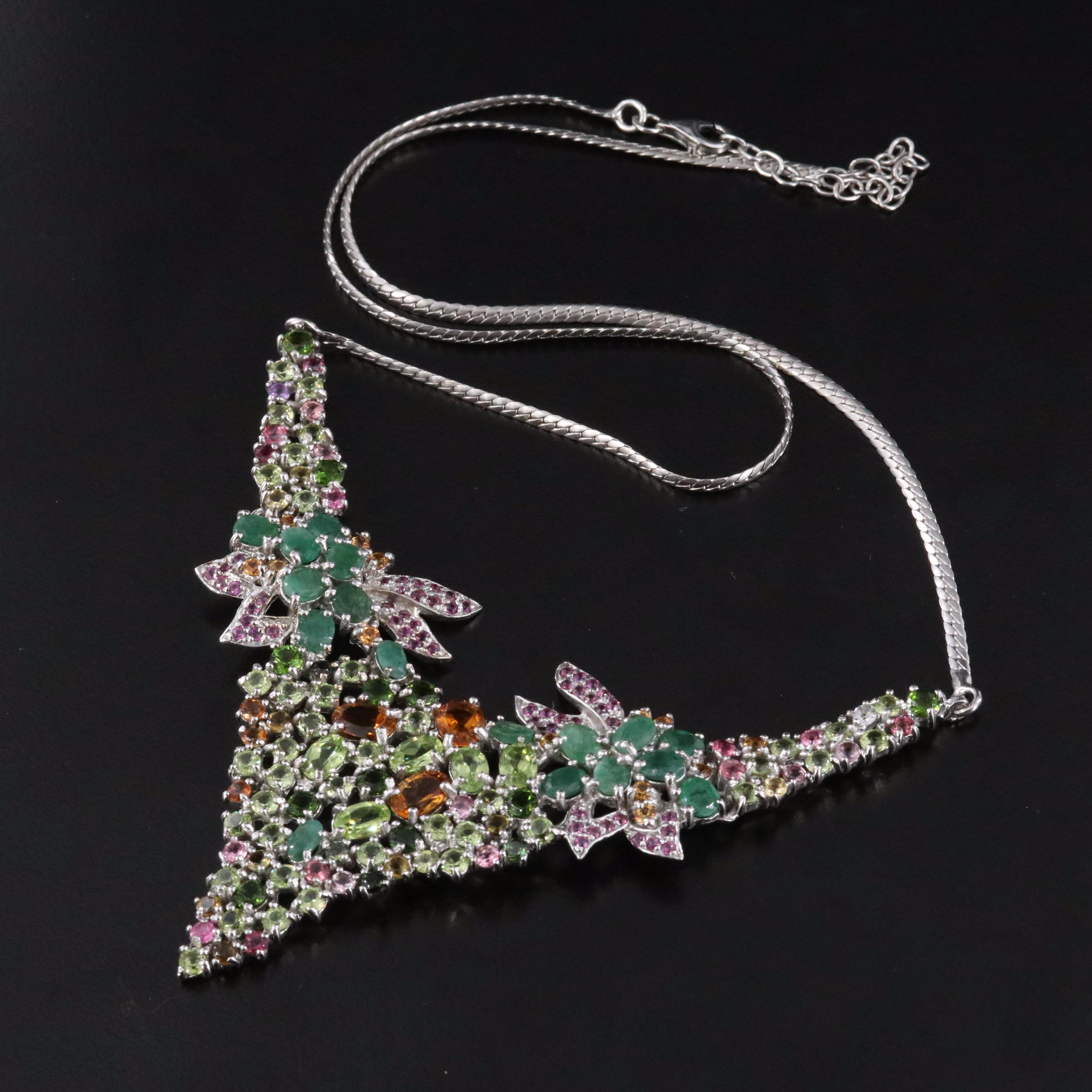 Sterling Emerald, Rhodolite Garnet and Peridot Bib Necklace