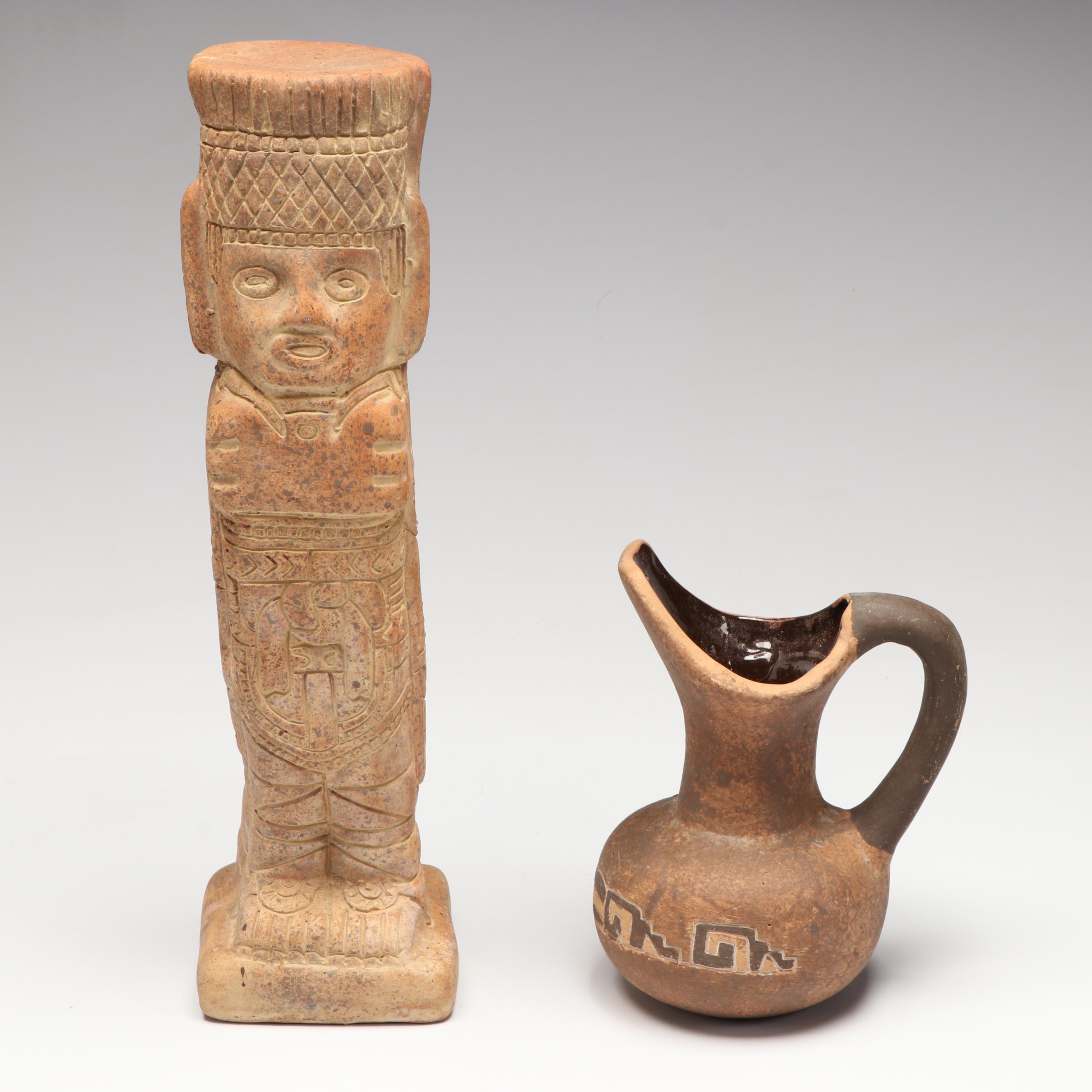 Ceramic Replica Toltec Warrior Statue with Aztec Style Jug