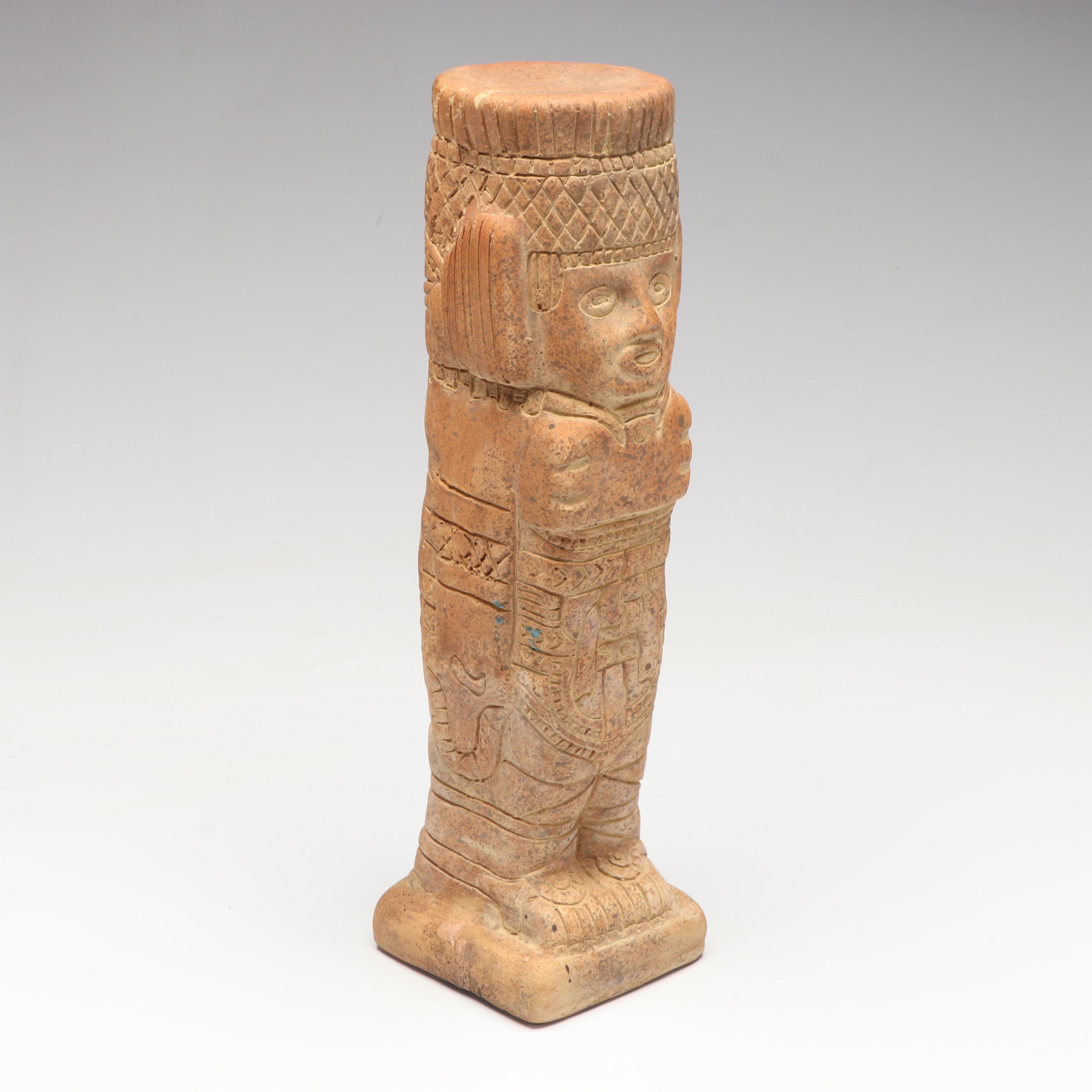 Ceramic Replica Toltec Warrior Statue with Aztec Style Jug