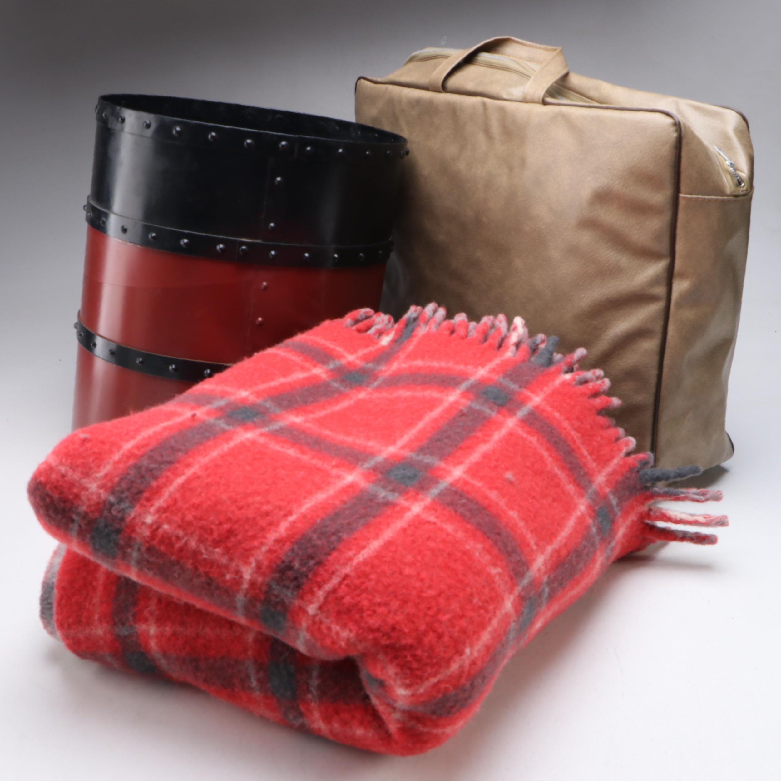 United States Lines Plaid Wool Blanket with Bag and Smokestack Wastebasket