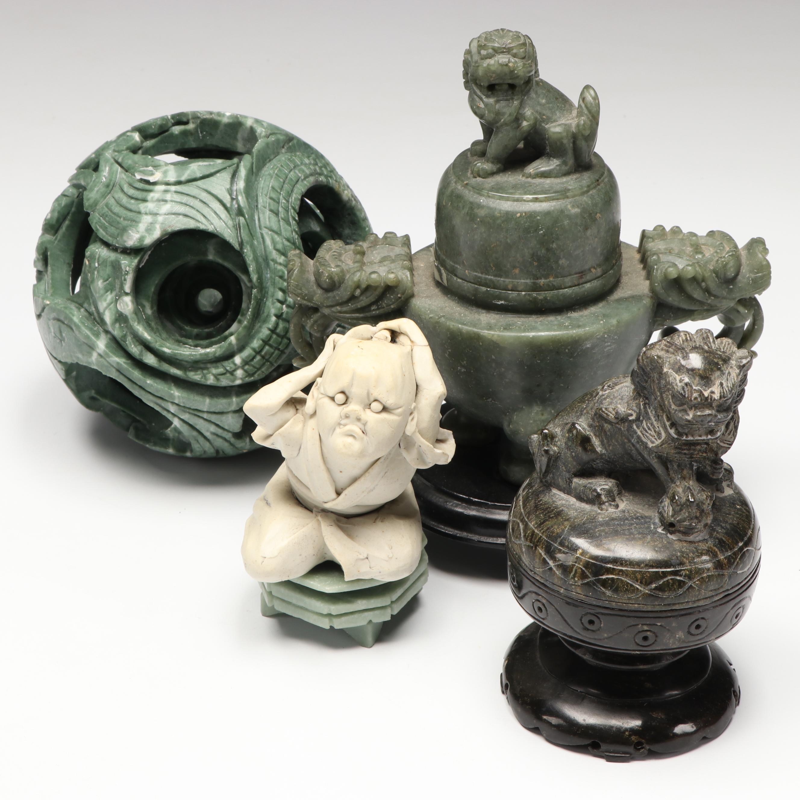 East Asian Carved Soapstone Lidded Jars with Other Soapstone and Ceramic Figures
