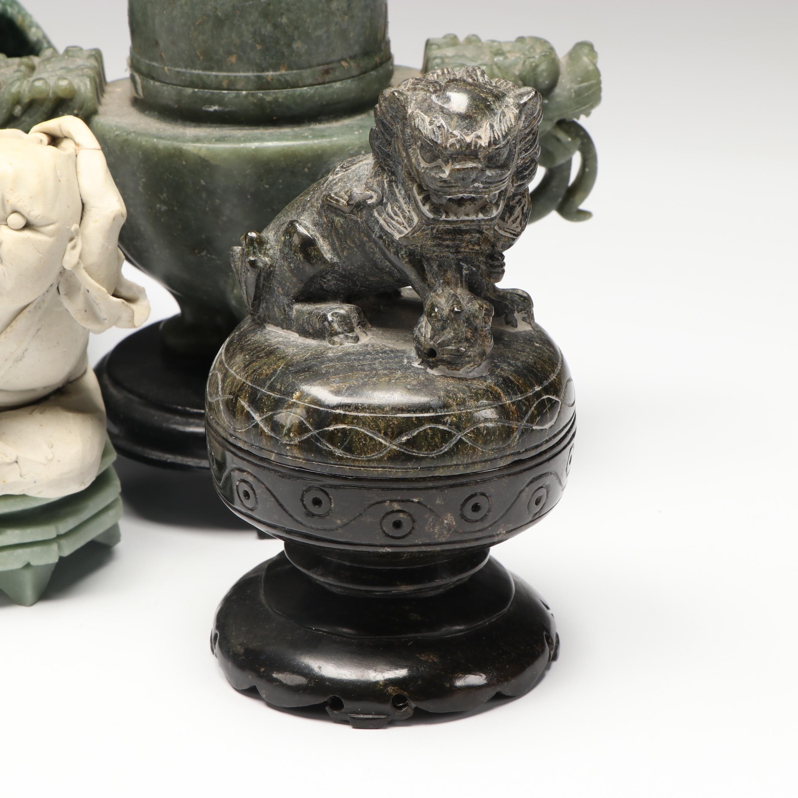 East Asian Carved Soapstone Lidded Jars with Other Soapstone and Ceramic Figures