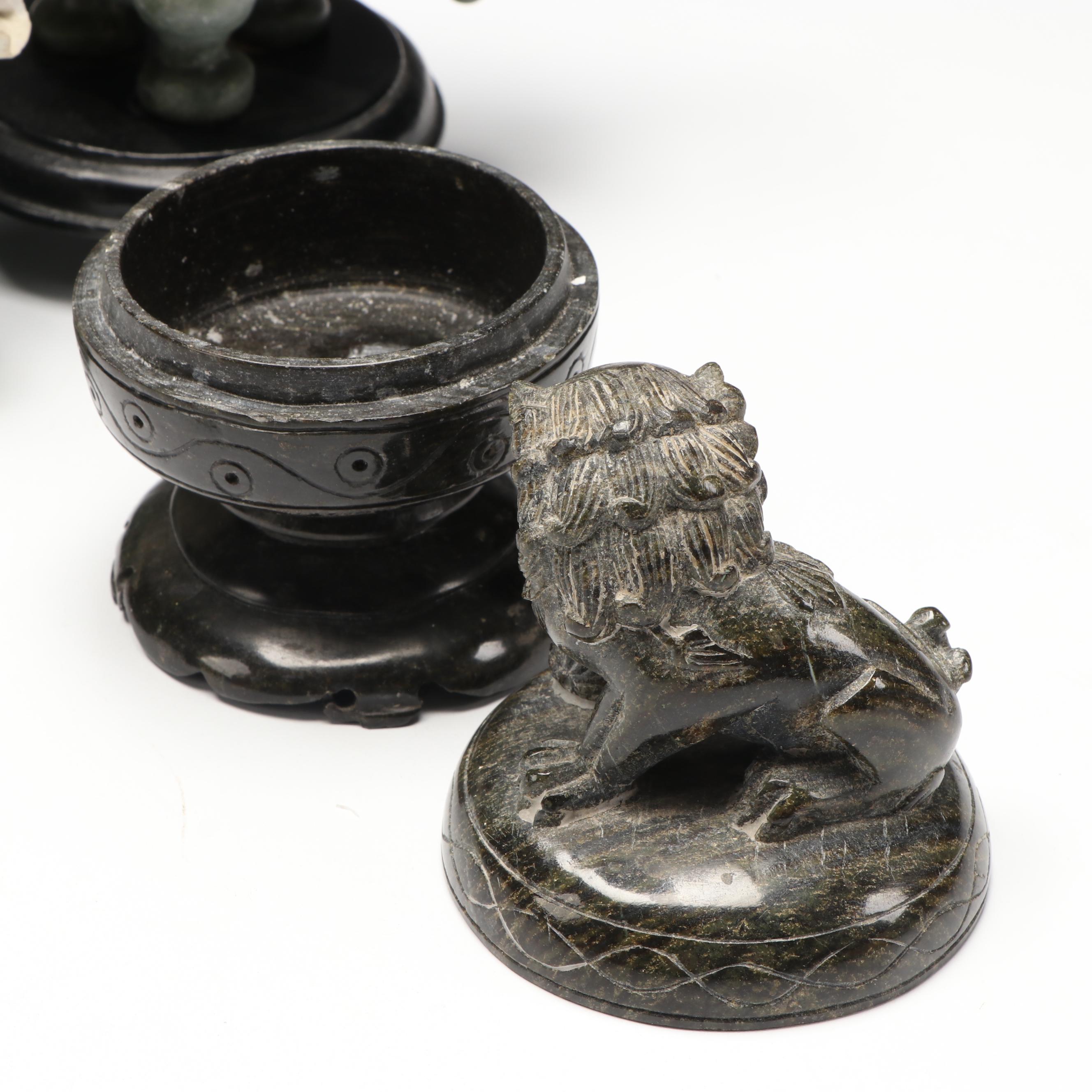 East Asian Carved Soapstone Lidded Jars with Other Soapstone and Ceramic Figures