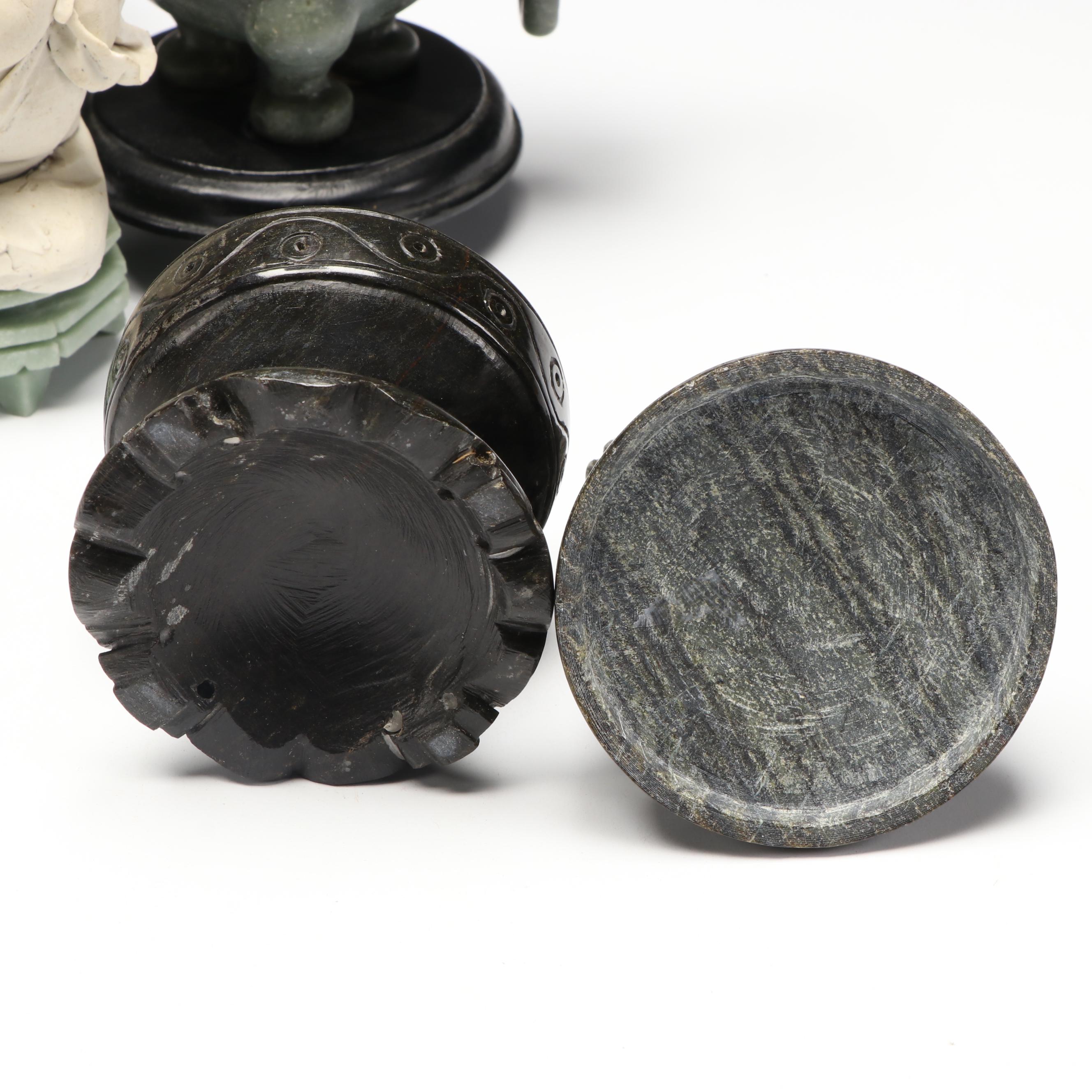 East Asian Carved Soapstone Lidded Jars with Other Soapstone and Ceramic Figures