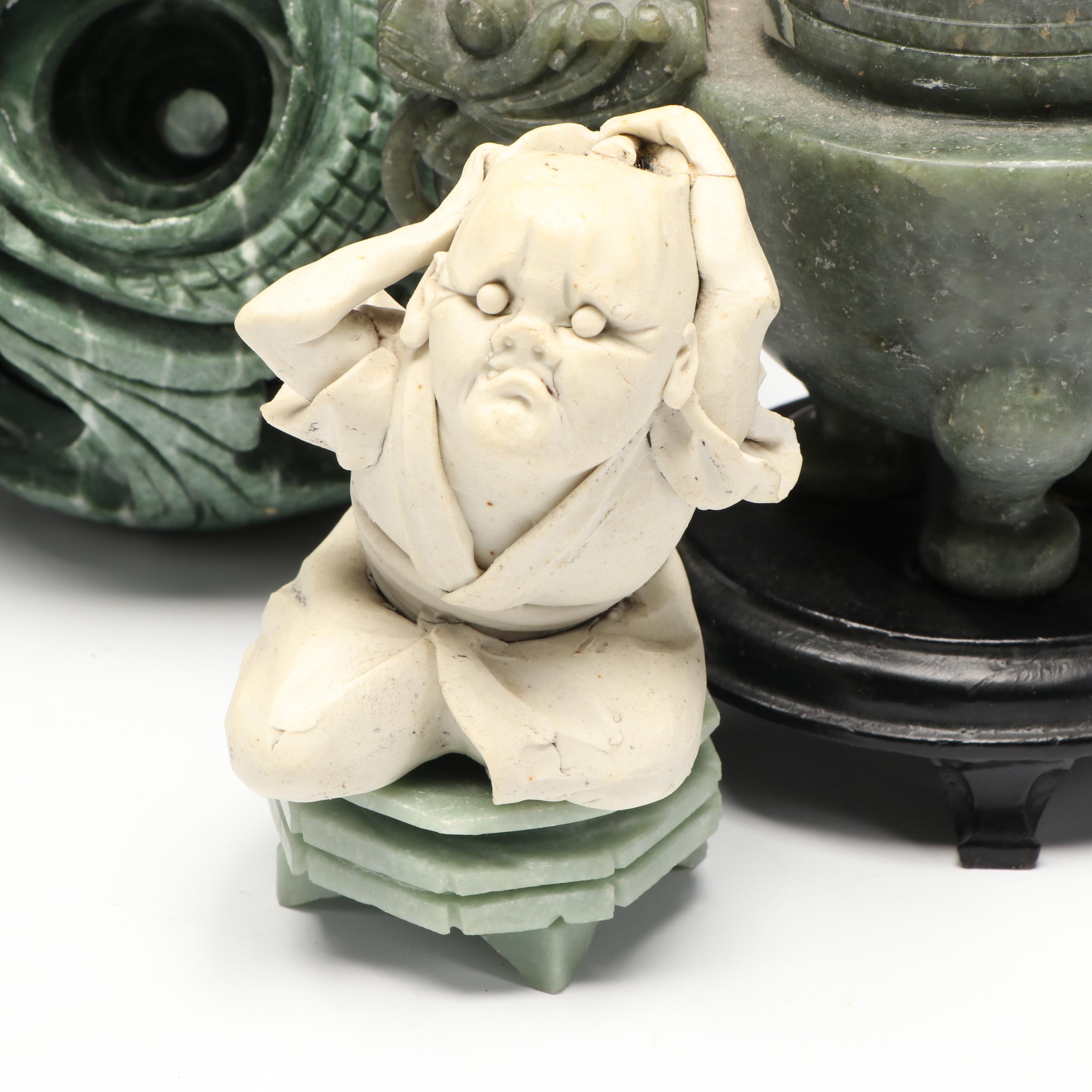 East Asian Carved Soapstone Lidded Jars with Other Soapstone and Ceramic Figures