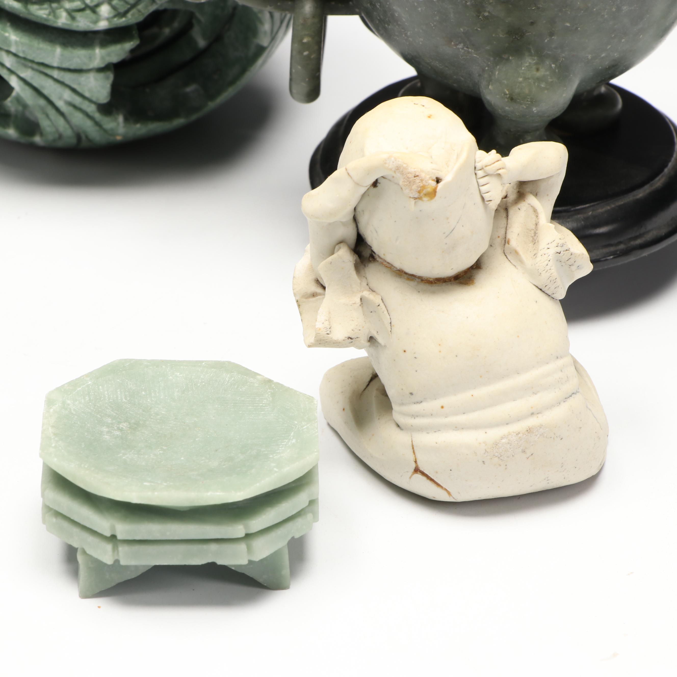 East Asian Carved Soapstone Lidded Jars with Other Soapstone and Ceramic Figures