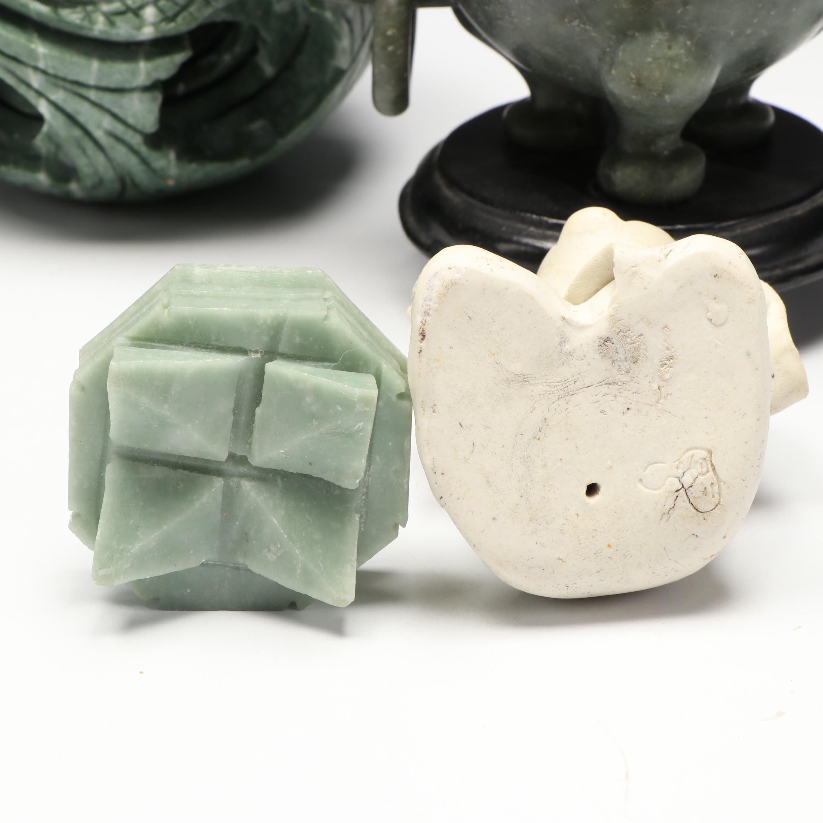 East Asian Carved Soapstone Lidded Jars with Other Soapstone and Ceramic Figures