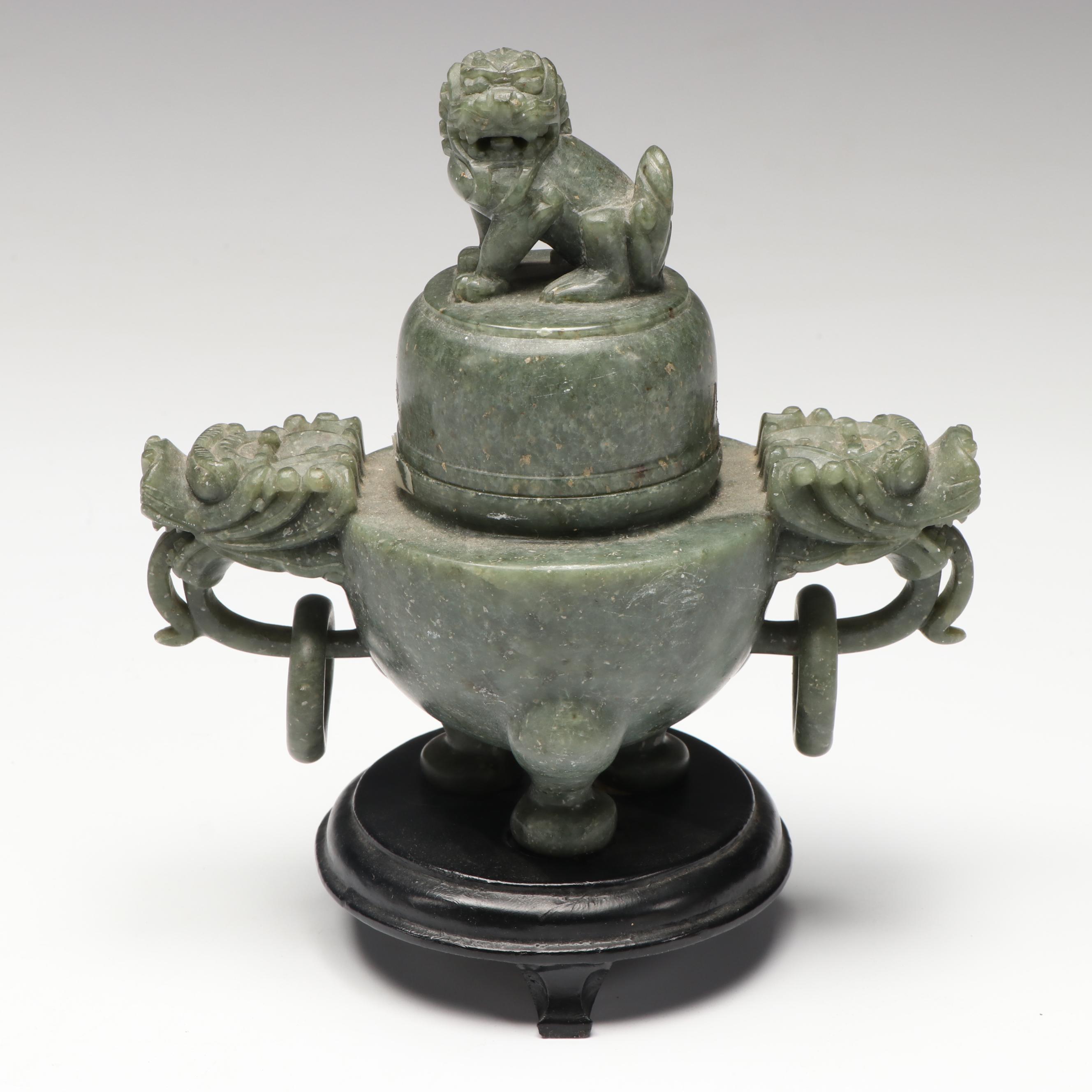 East Asian Carved Soapstone Lidded Jars with Other Soapstone and Ceramic Figures