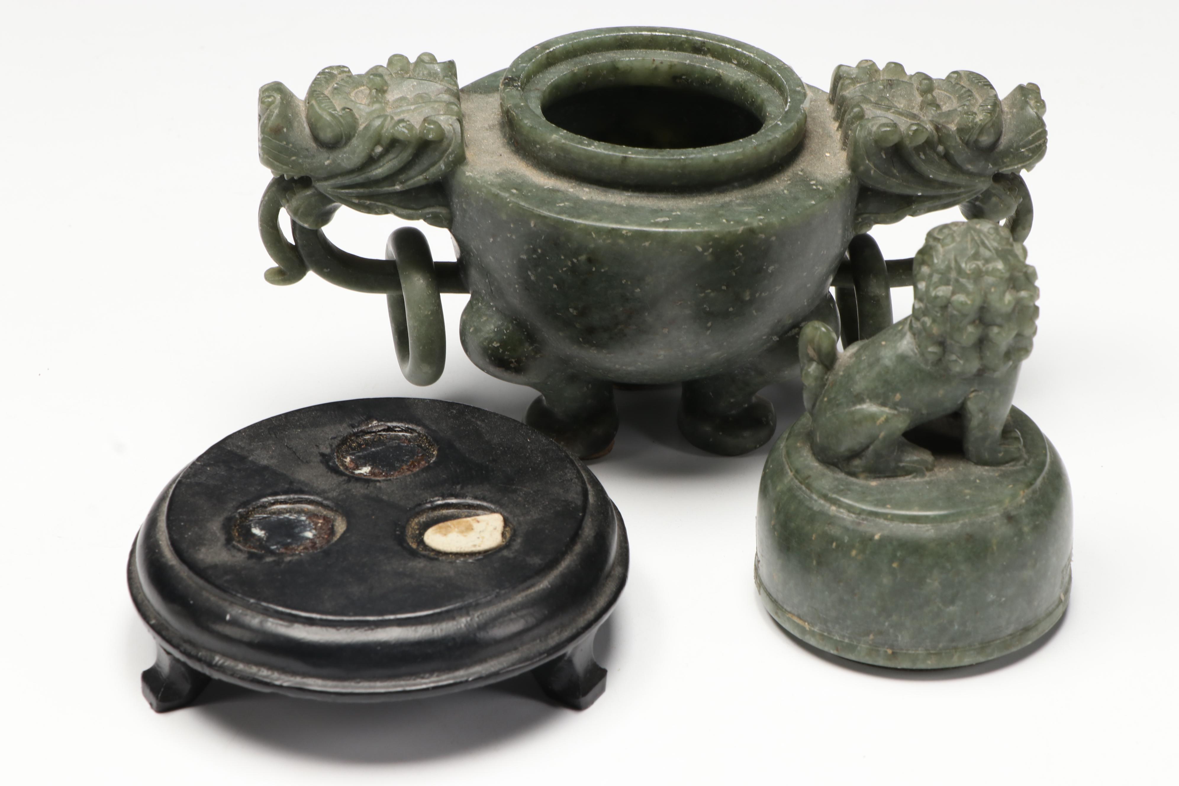 East Asian Carved Soapstone Lidded Jars with Other Soapstone and Ceramic Figures