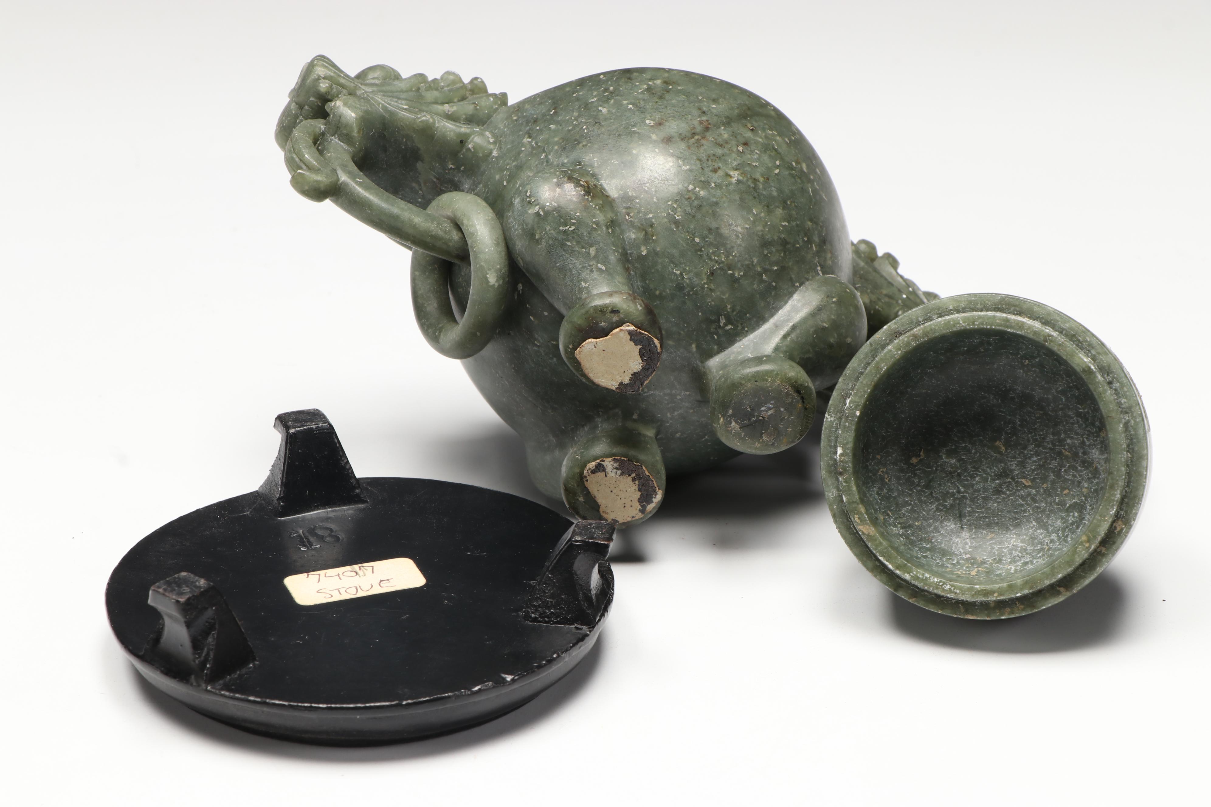 East Asian Carved Soapstone Lidded Jars with Other Soapstone and Ceramic Figures