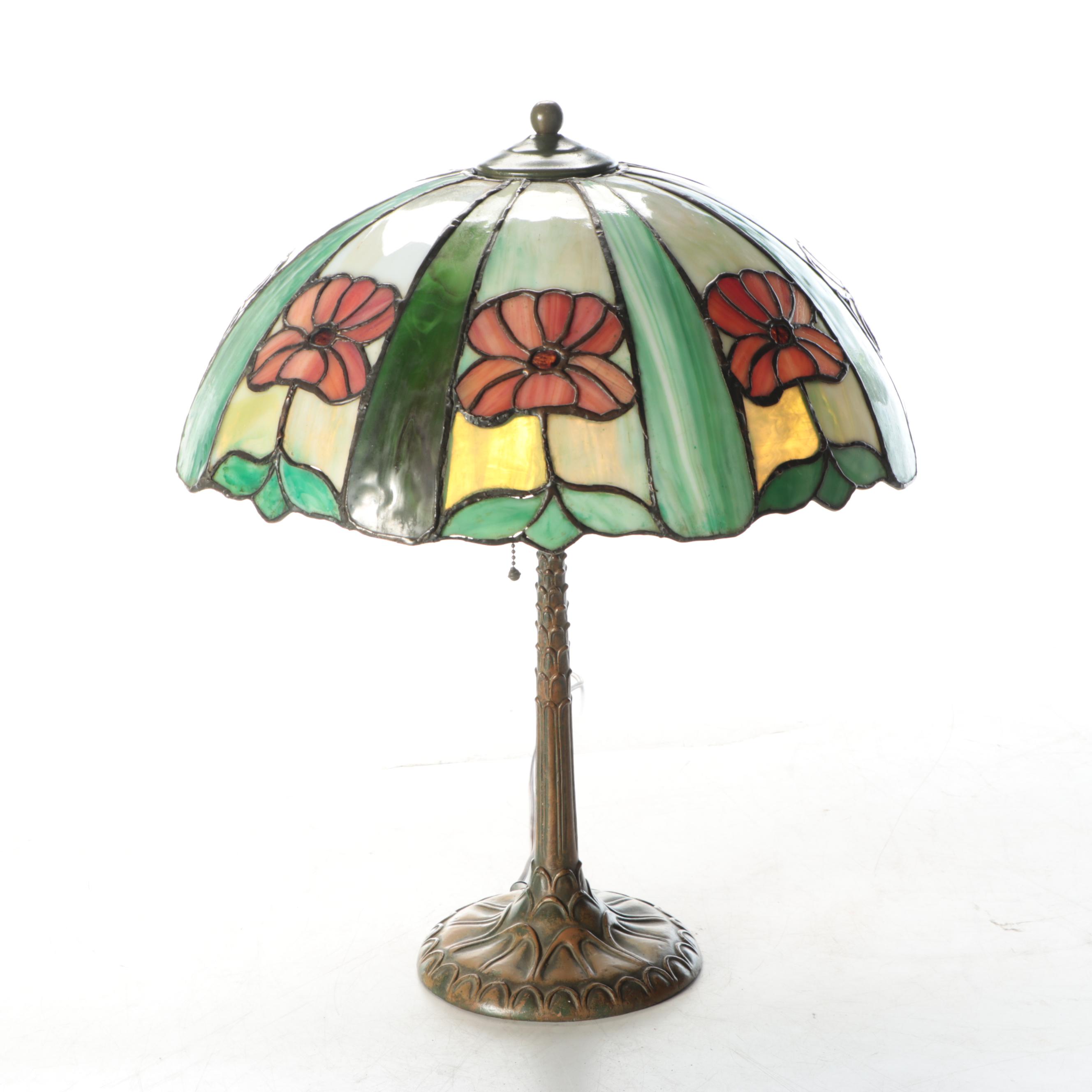 Art Nouveau Style Antiqued Metal Table Lamp with Slag Glass Shade, 20th Century