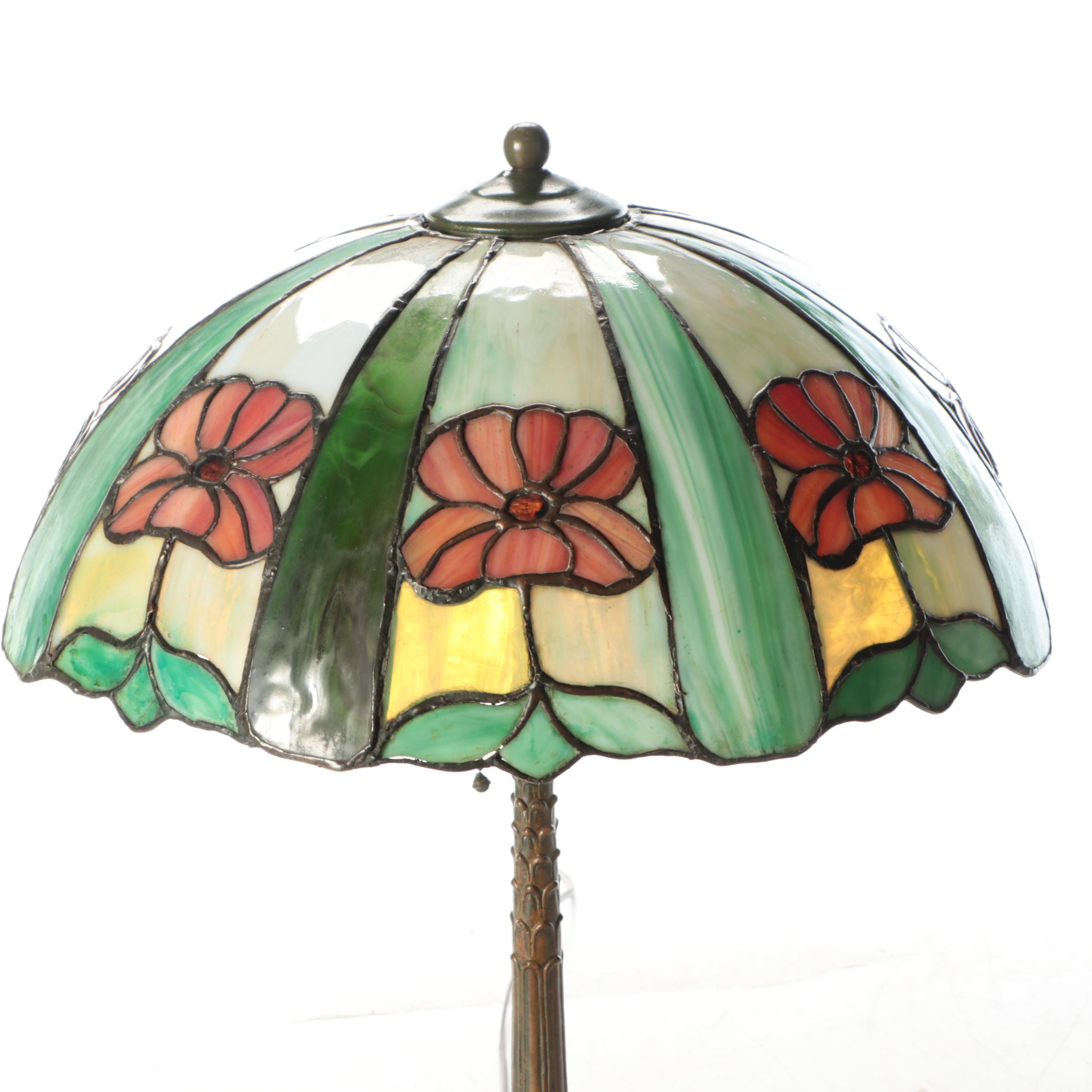 Art Nouveau Style Antiqued Metal Table Lamp with Slag Glass Shade, 20th Century