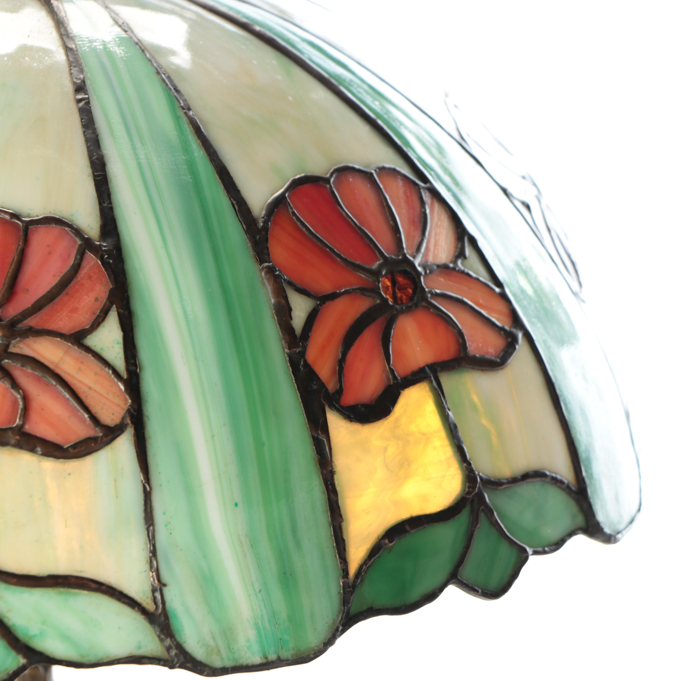 Art Nouveau Style Antiqued Metal Table Lamp with Slag Glass Shade, 20th Century