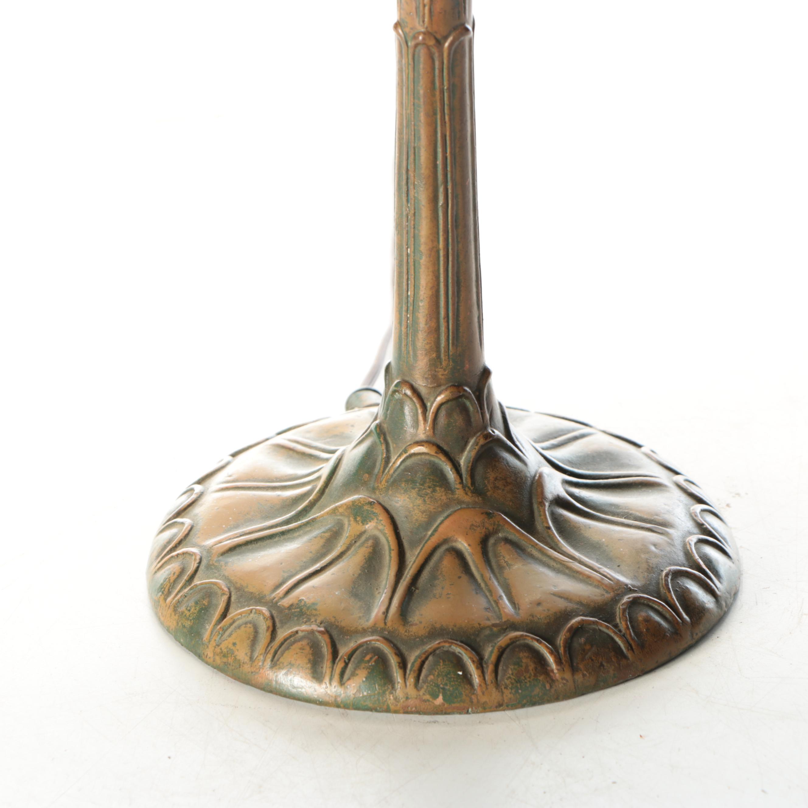 Art Nouveau Style Antiqued Metal Table Lamp with Slag Glass Shade, 20th Century