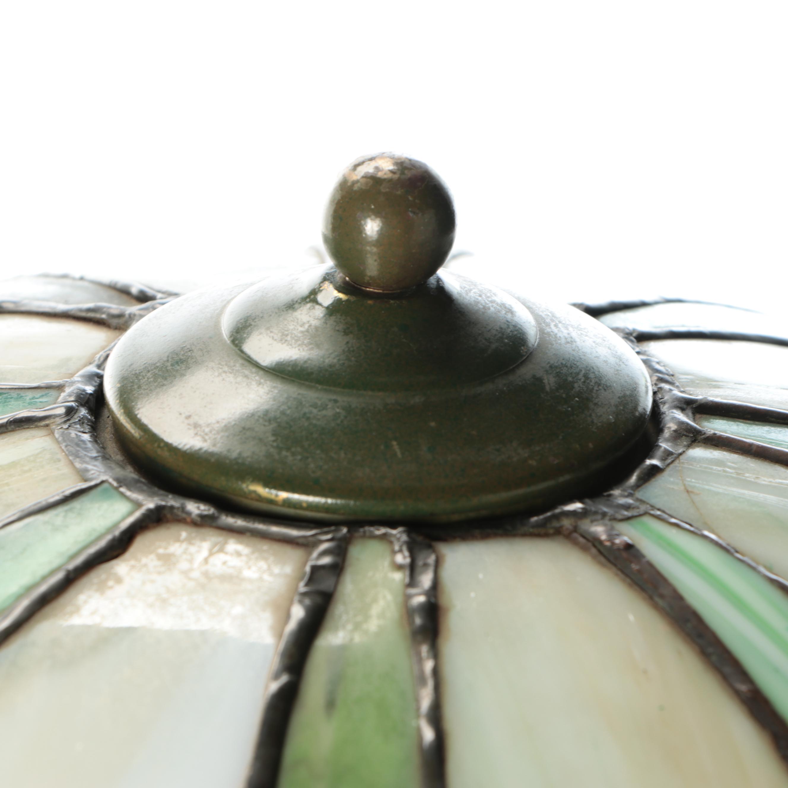 Art Nouveau Style Antiqued Metal Table Lamp with Slag Glass Shade, 20th Century