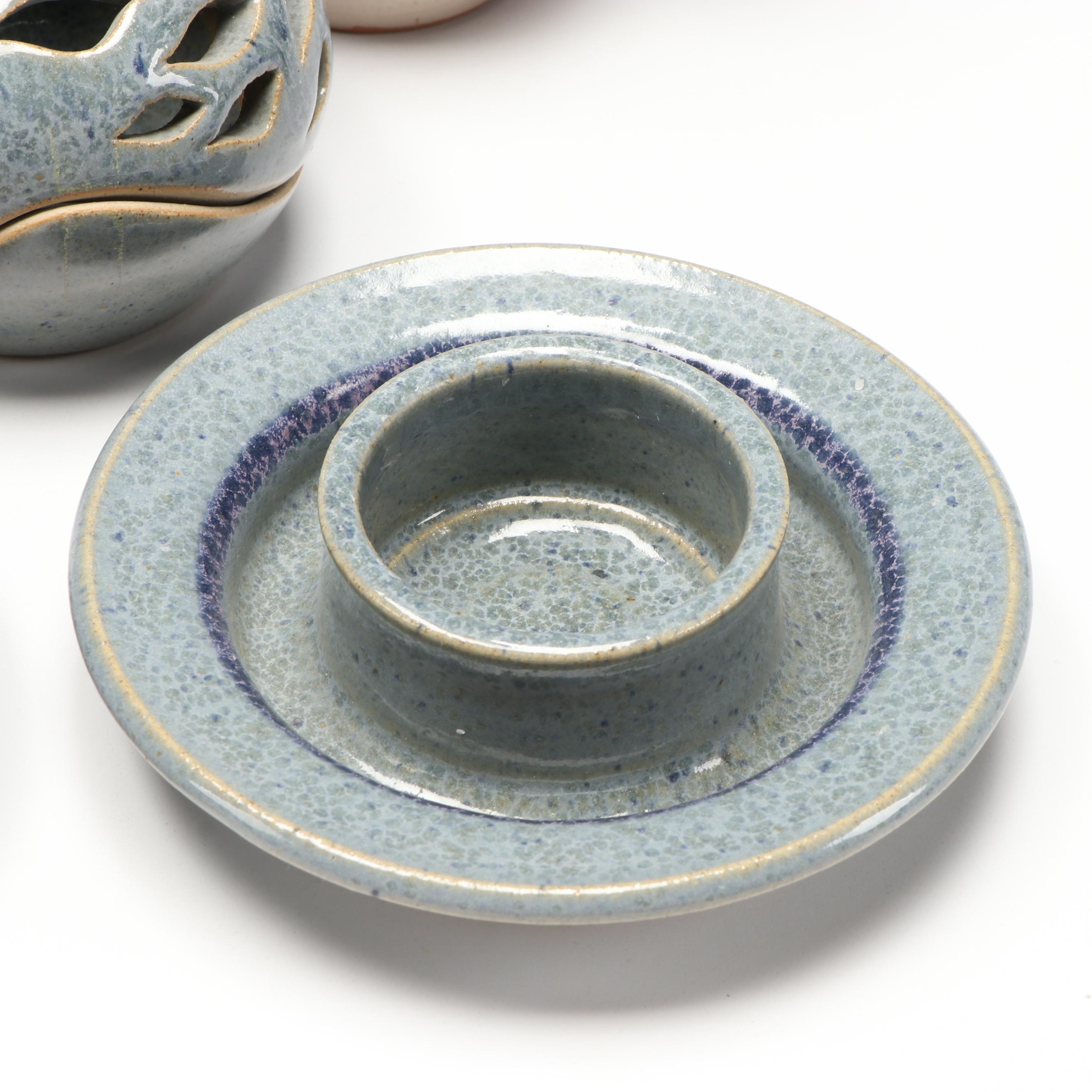 Artist Signed Ceramic Pitcher, Censer, and Candle Holders