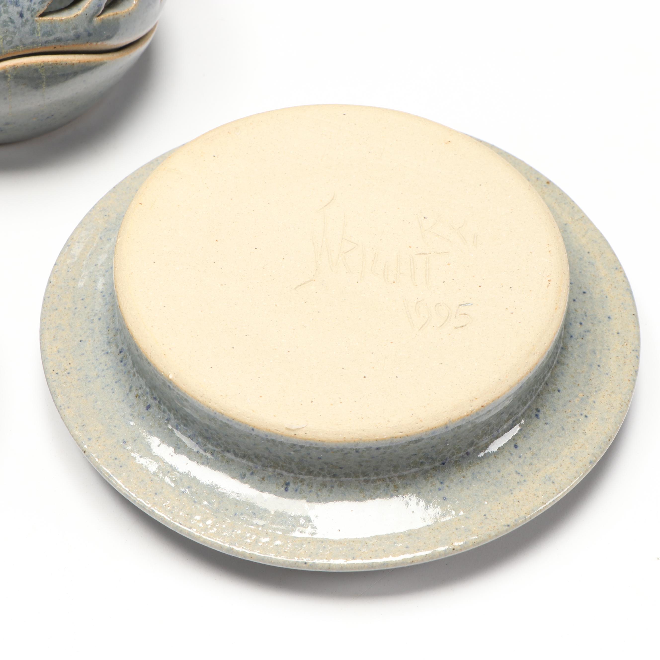 Artist Signed Ceramic Pitcher, Censer, and Candle Holders