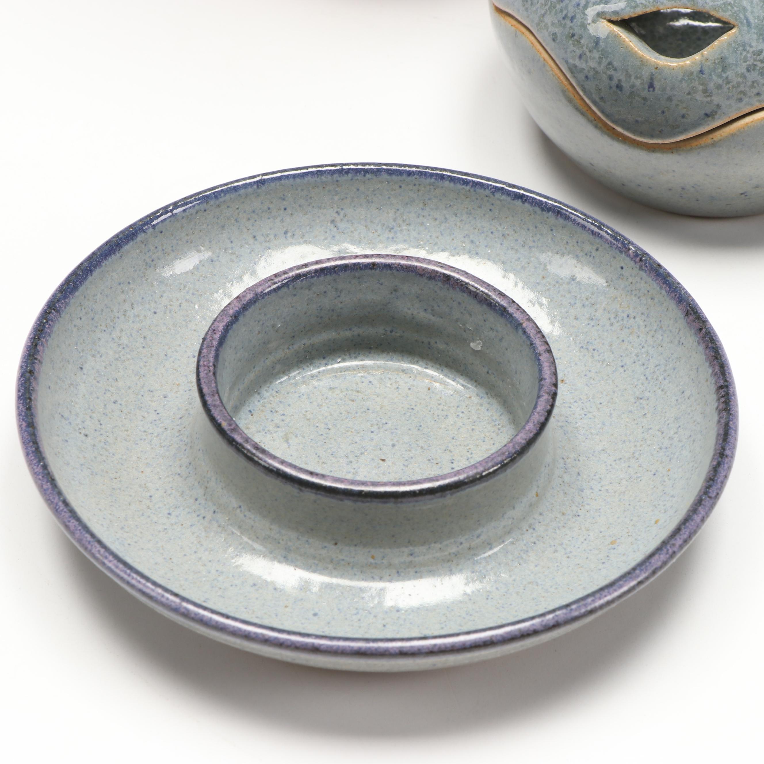 Artist Signed Ceramic Pitcher, Censer, and Candle Holders