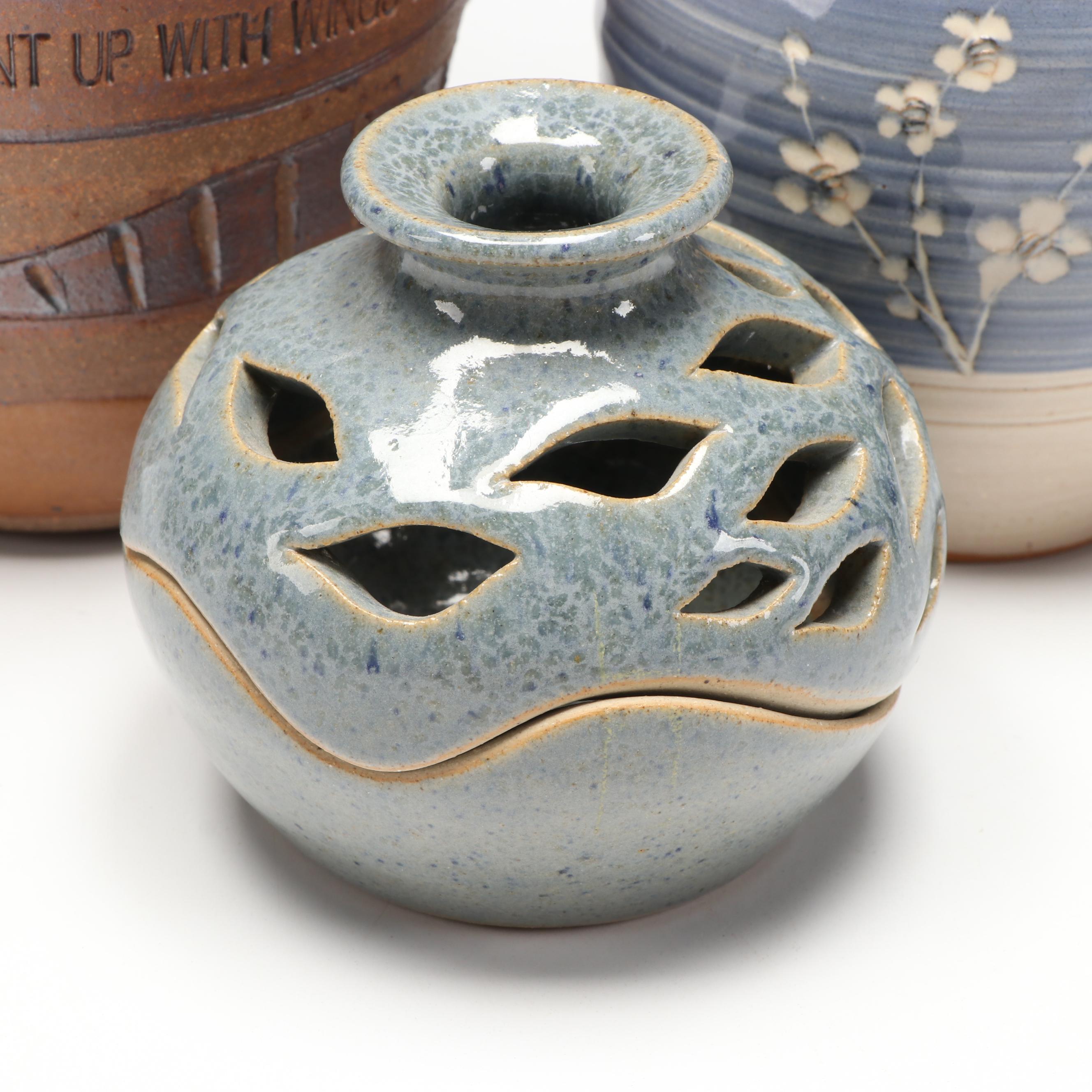 Artist Signed Ceramic Pitcher, Censer, and Candle Holders