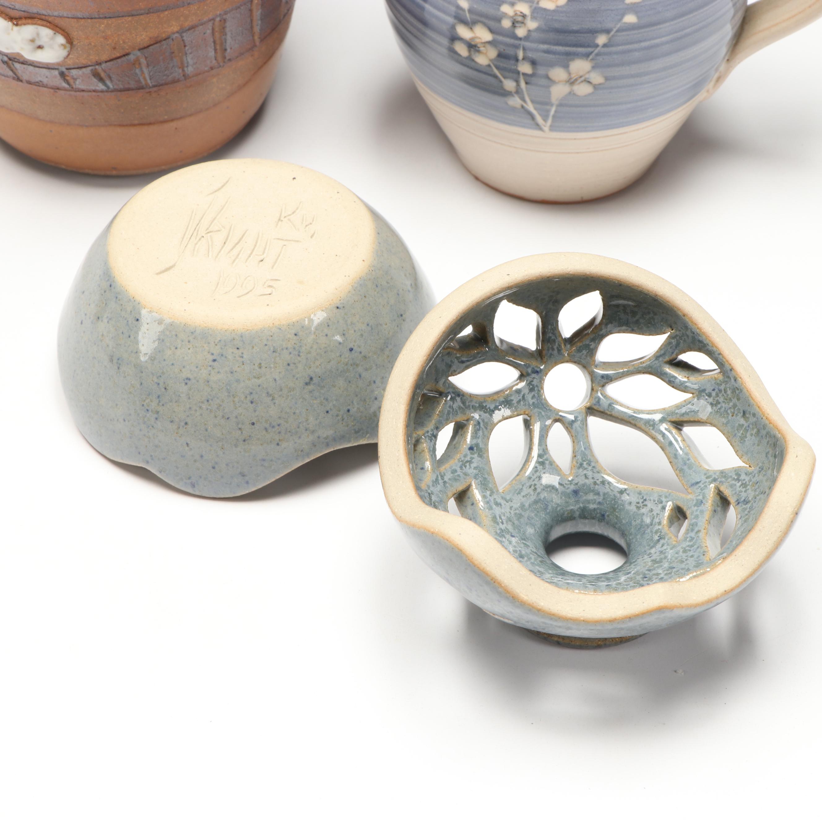 Artist Signed Ceramic Pitcher, Censer, and Candle Holders