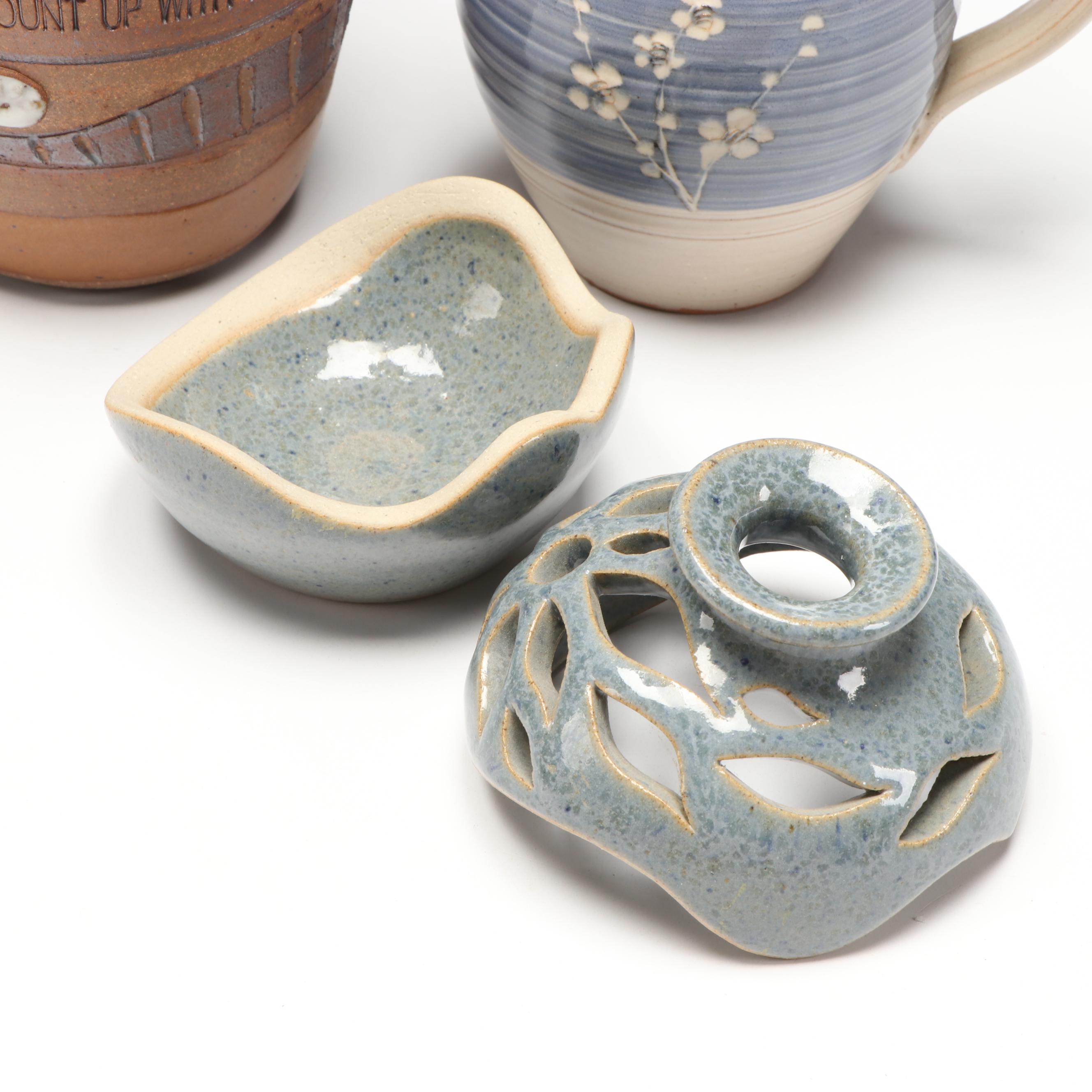 Artist Signed Ceramic Pitcher, Censer, and Candle Holders