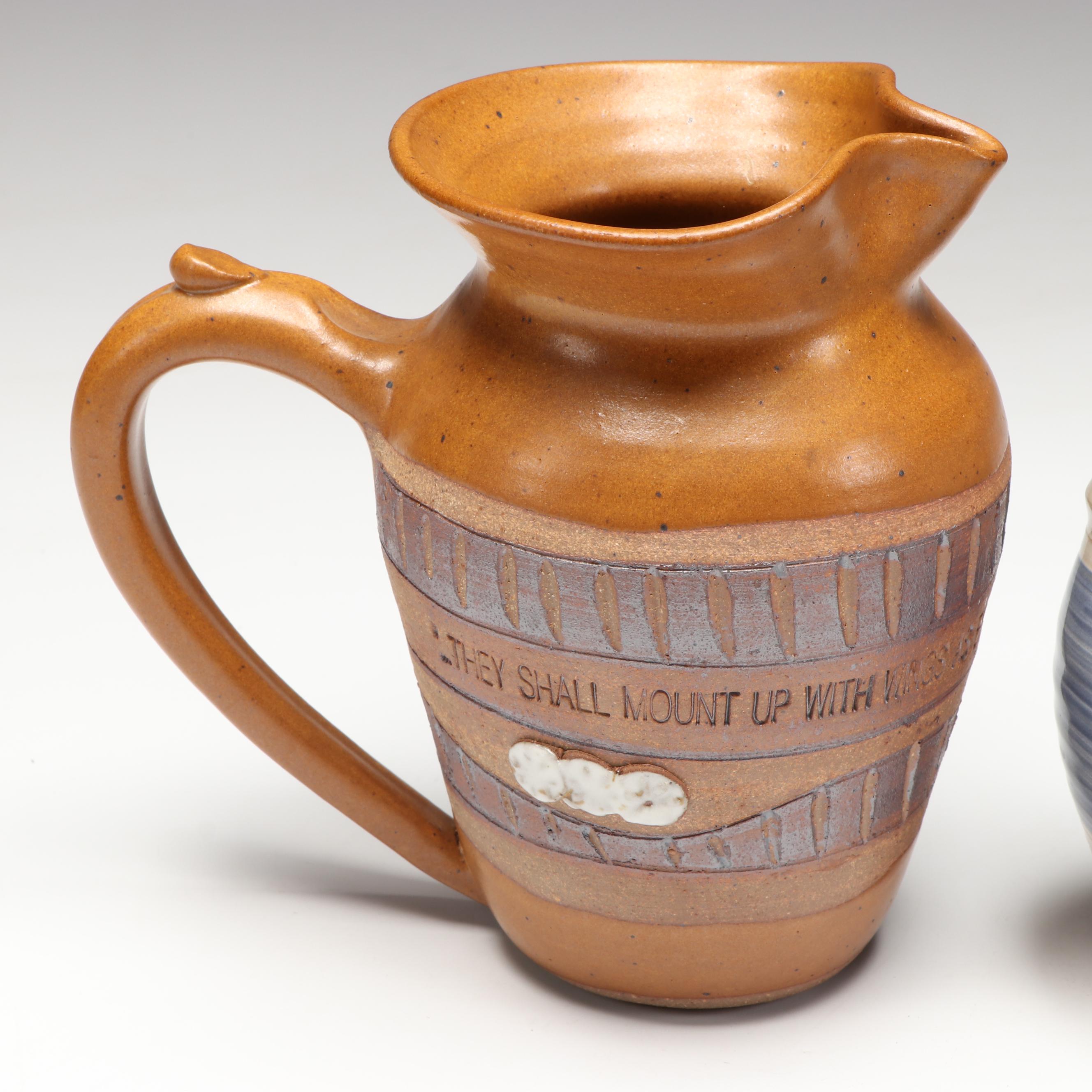 Artist Signed Ceramic Pitcher, Censer, and Candle Holders