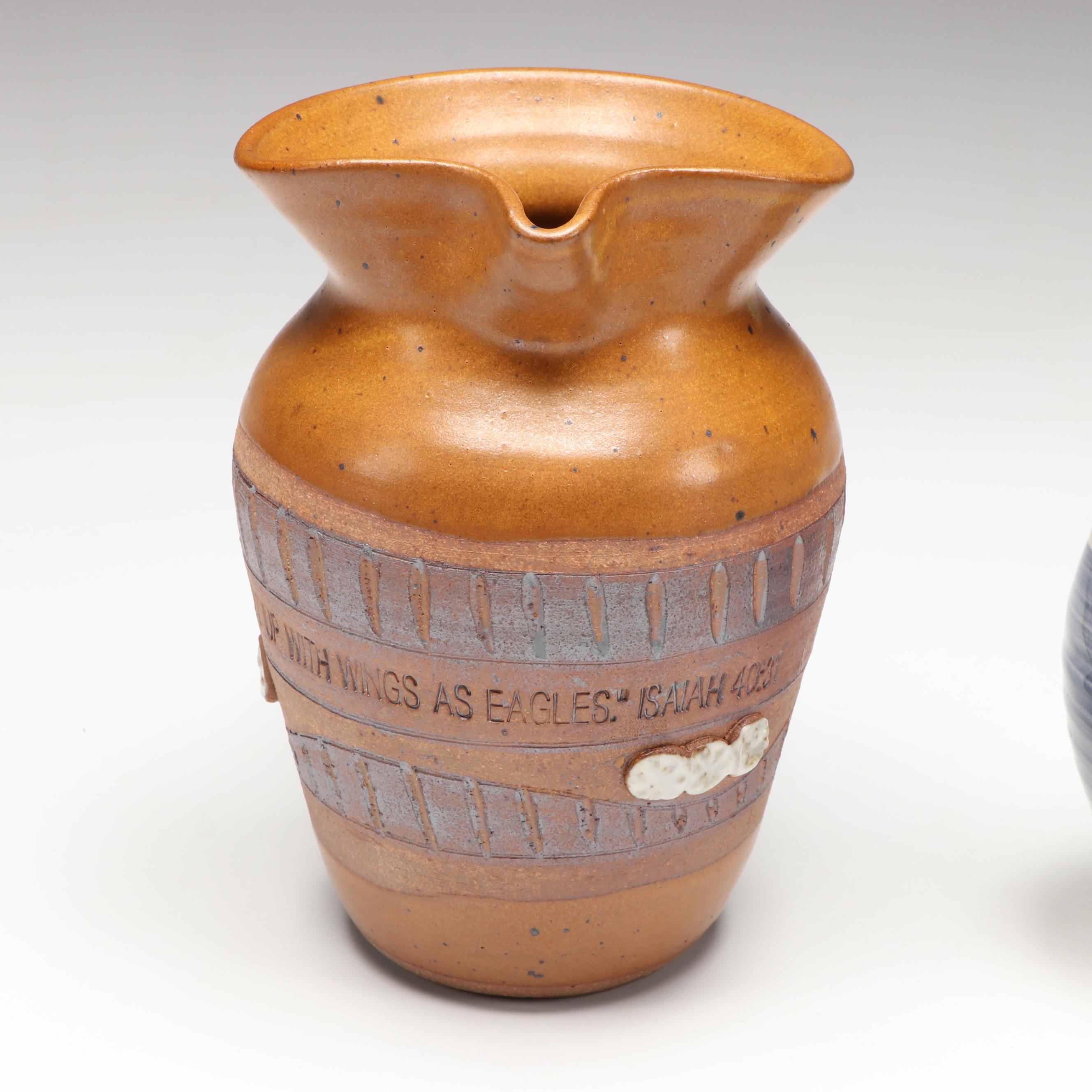 Artist Signed Ceramic Pitcher, Censer, and Candle Holders