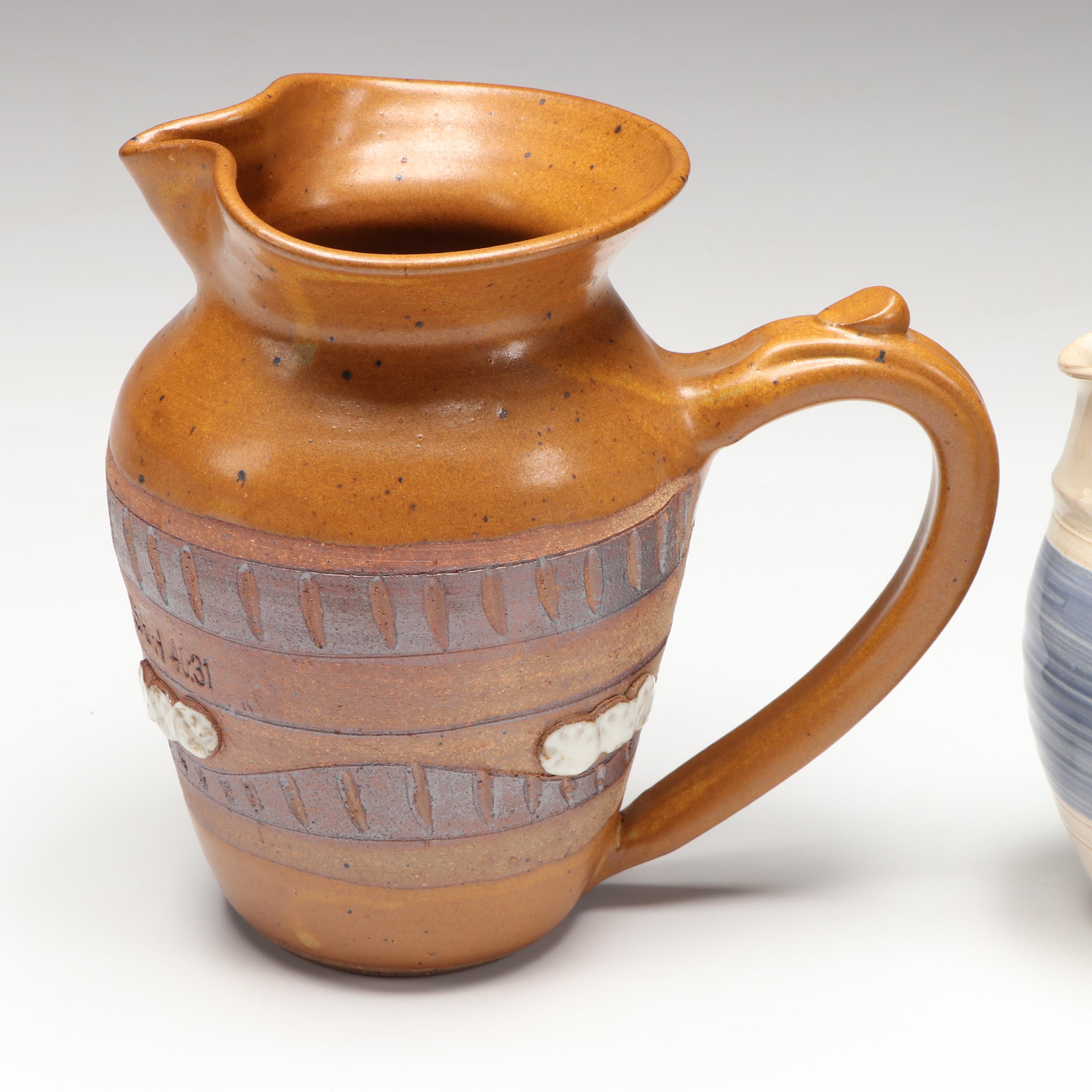 Artist Signed Ceramic Pitcher, Censer, and Candle Holders