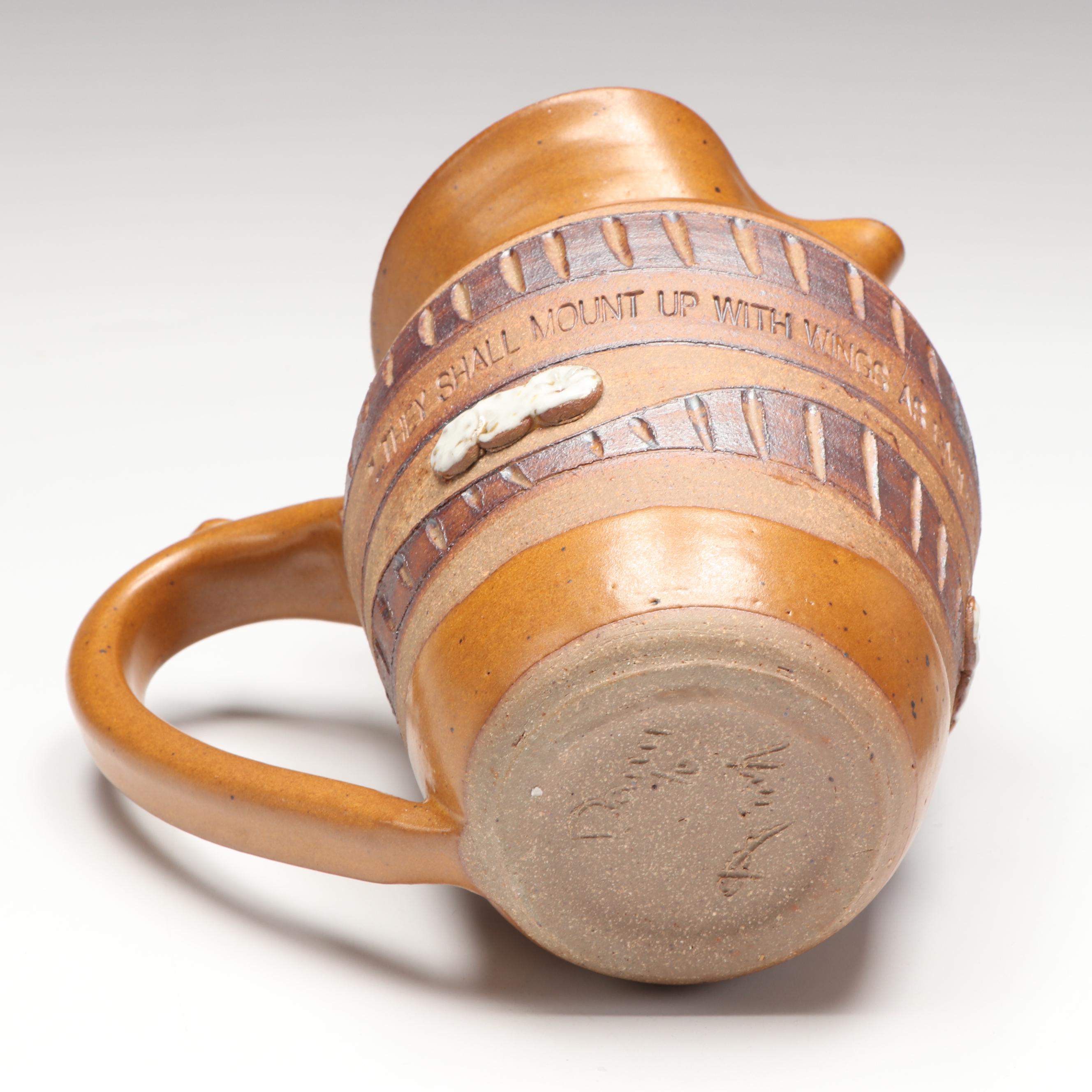 Artist Signed Ceramic Pitcher, Censer, and Candle Holders