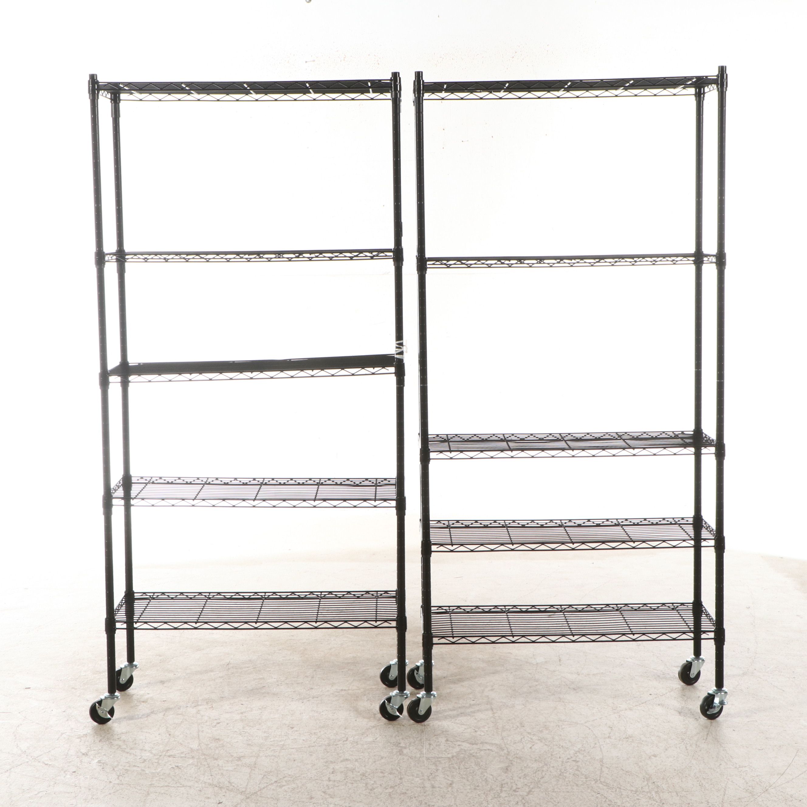 Pair of Black Commercial Wire Shelving Units with Casters