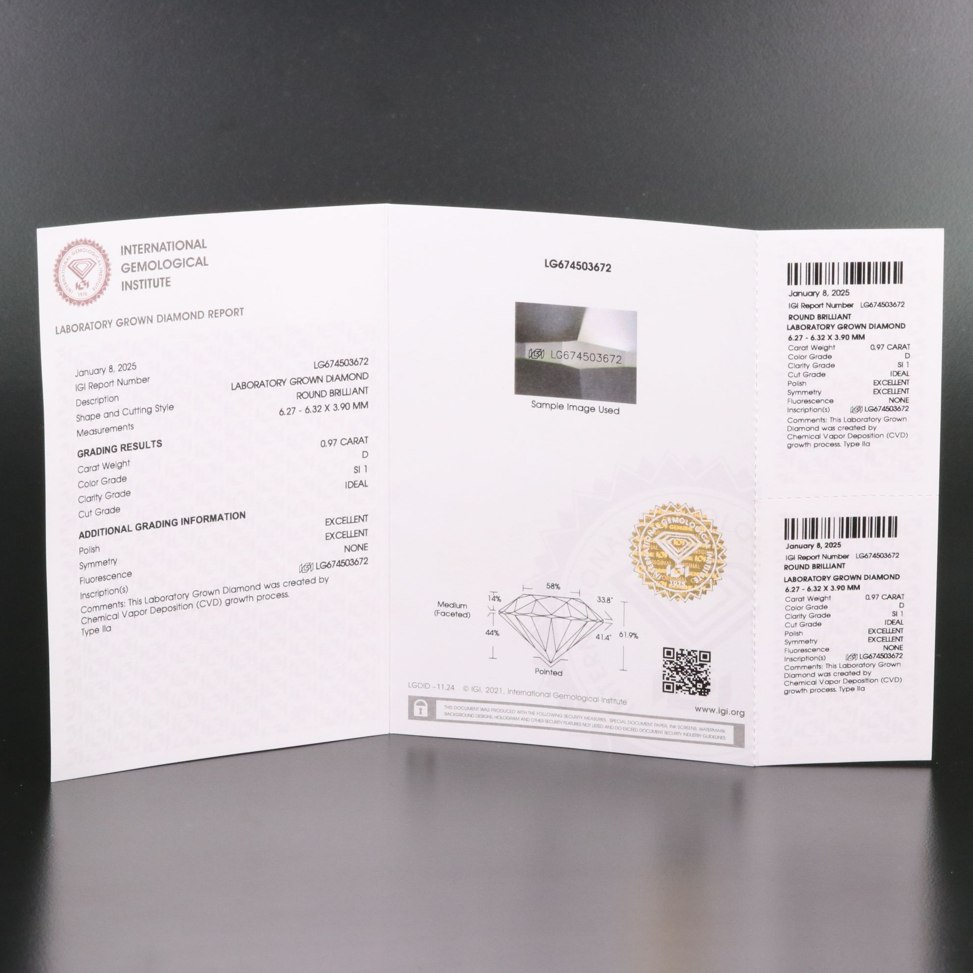 Loose 0.97 CT Lab Grown Diamond with IGI Report