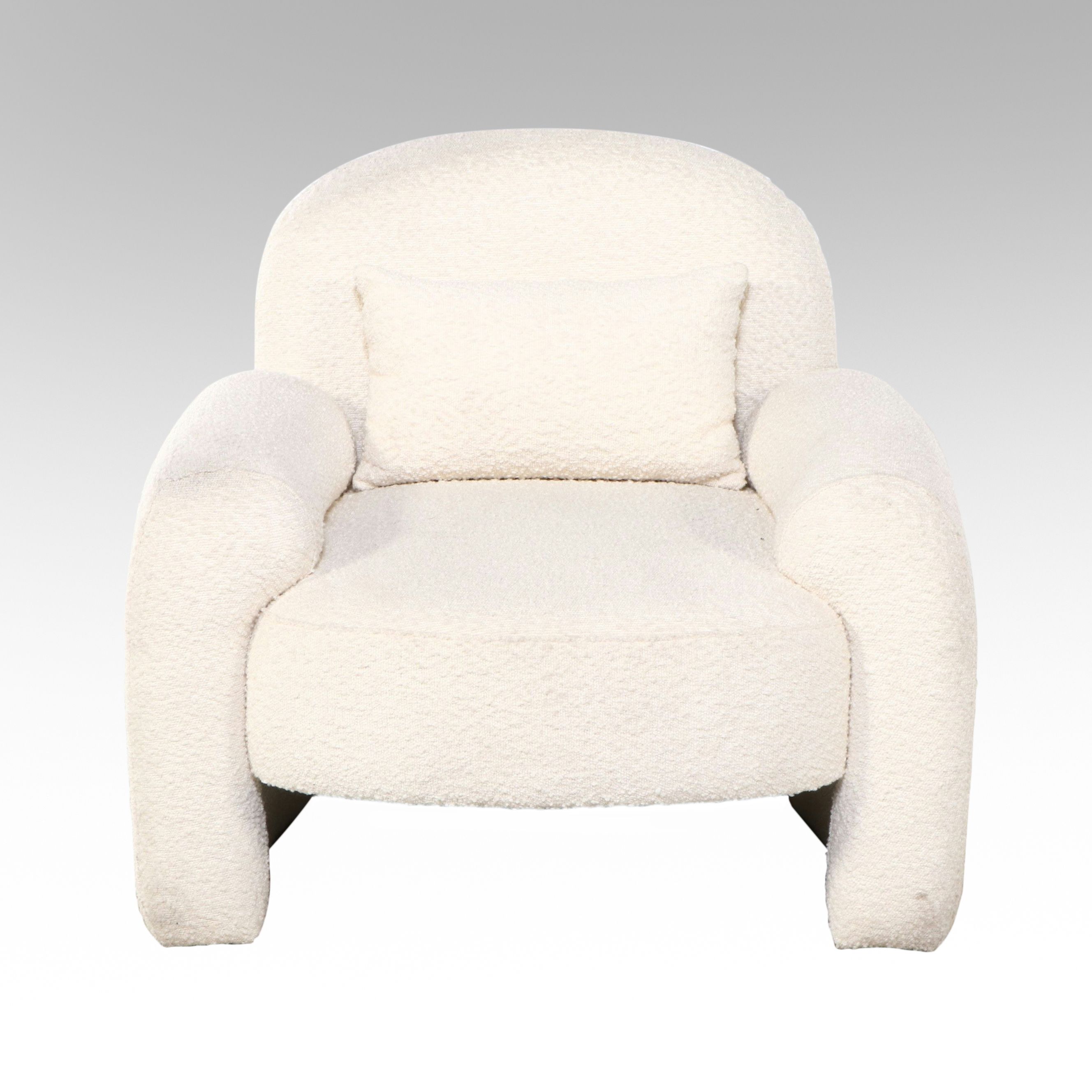 Contemporary White Texture Upholstered Contoured Armchair with Accent Pillow