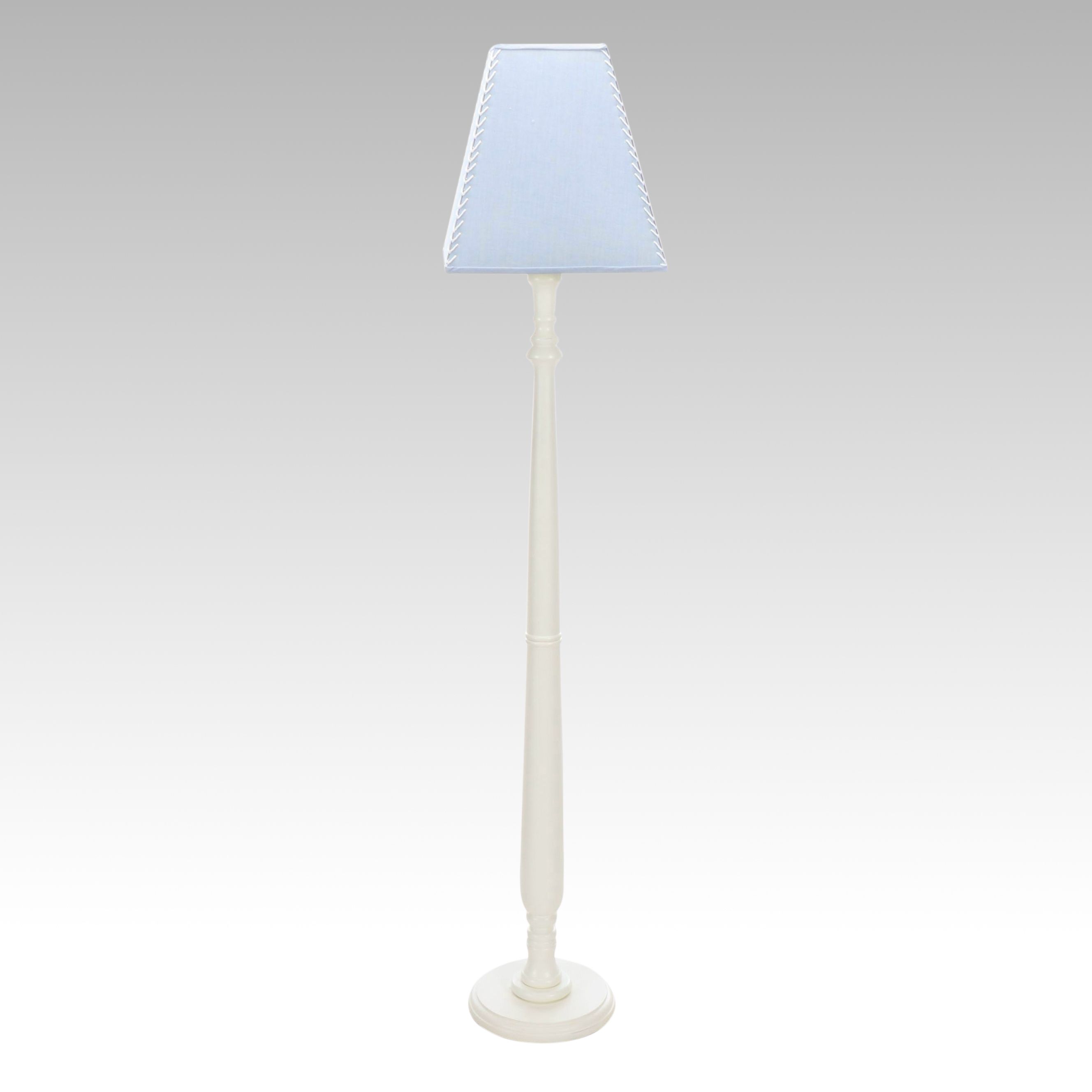 Ivory Painted Wood Floor Lamp with Pale Blue Silk Shade