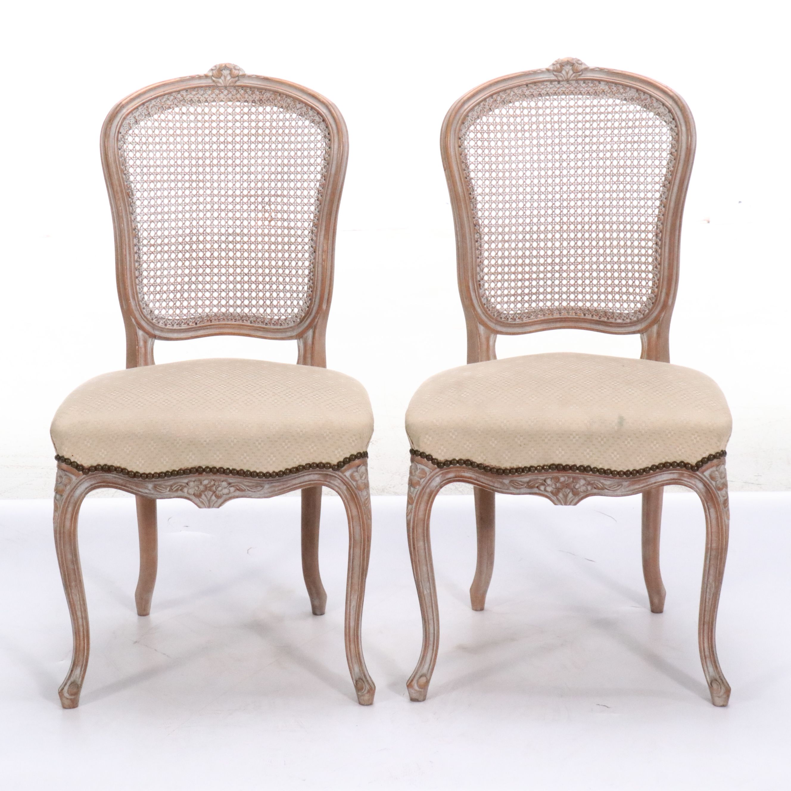 Pair of Louis XVI Style Carved Wood Cane-Back Side Chairs, 20th Century