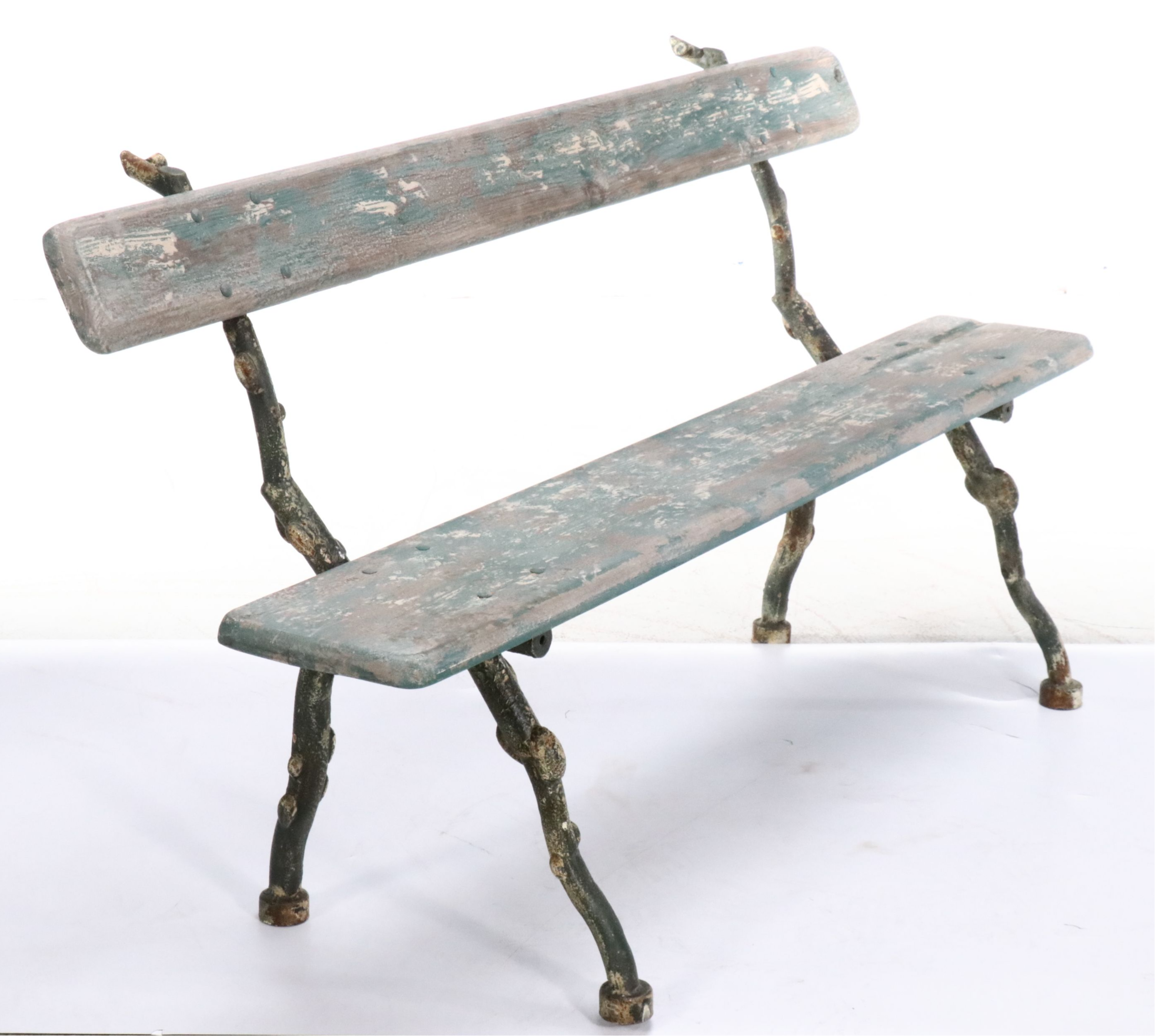 French Style Painted Wood and Cast Metal Faux Bois Bench, 20th Century