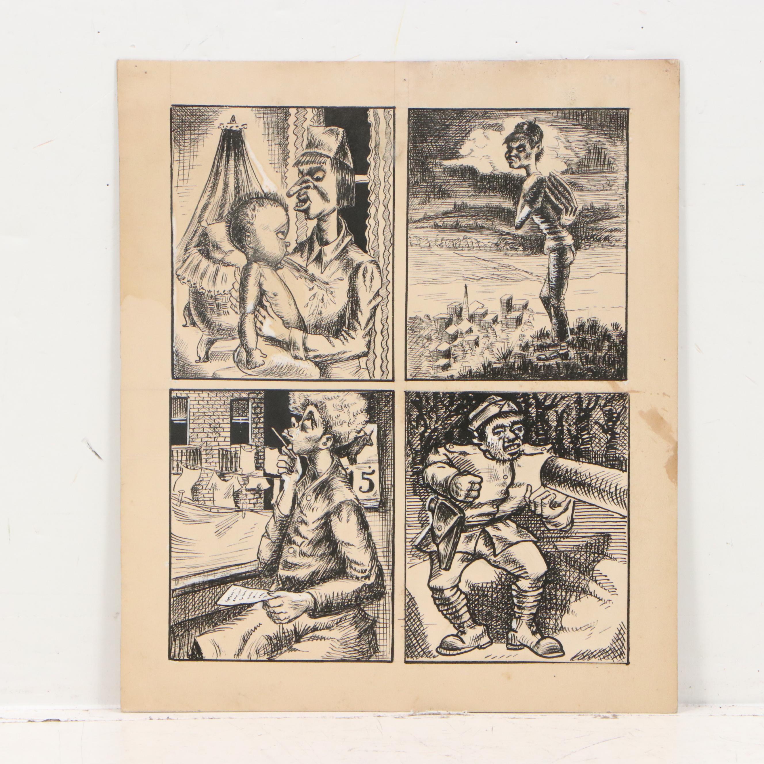 Autobiographical Narrative Ink Illustrations and Other Caricatures, 1940s