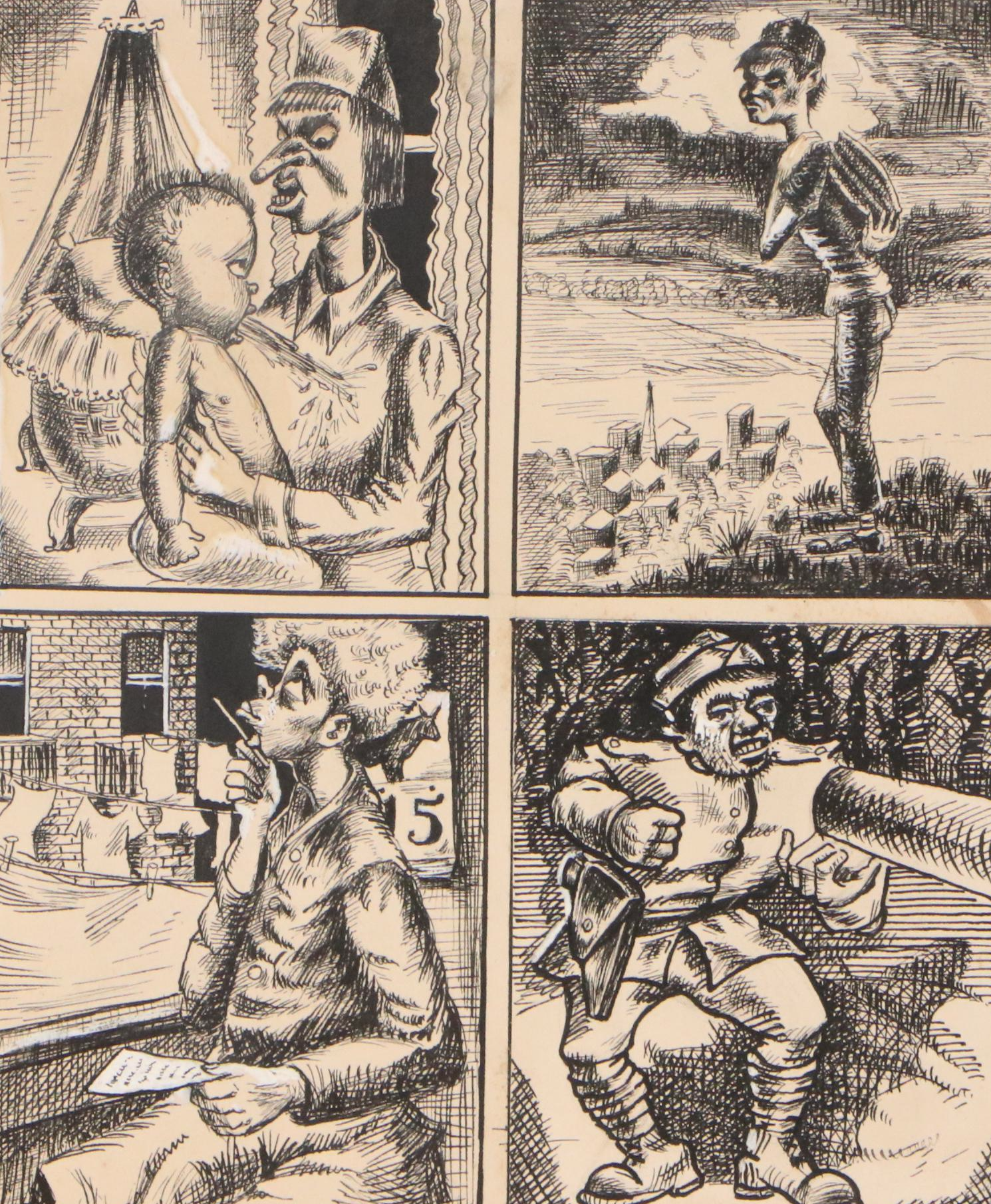 Autobiographical Narrative Ink Illustrations and Other Caricatures, 1940s