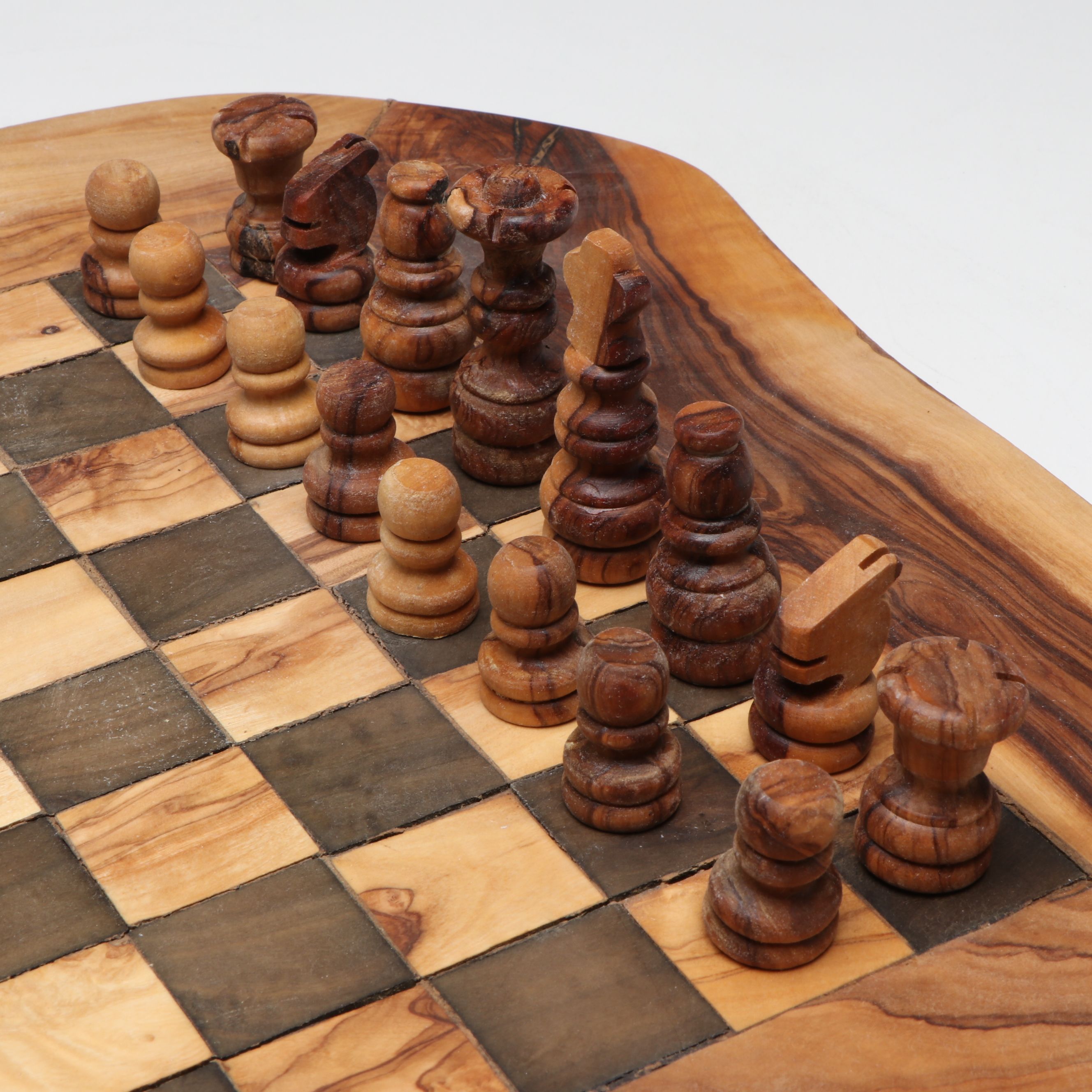 Rustic Hand-Carved Wood Chess Board and Pieces