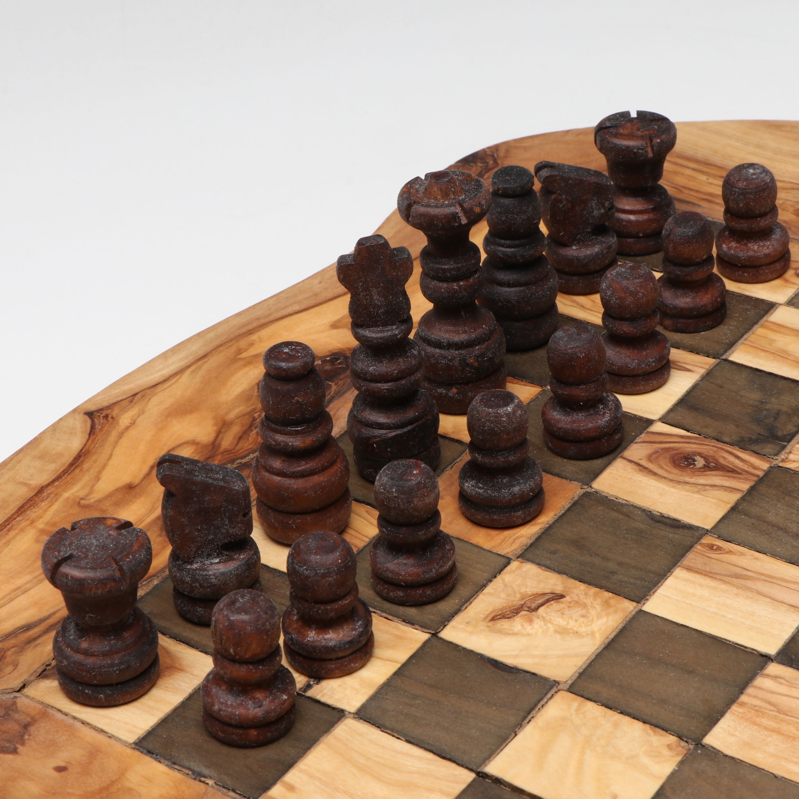 Rustic Hand-Carved Wood Chess Board and Pieces
