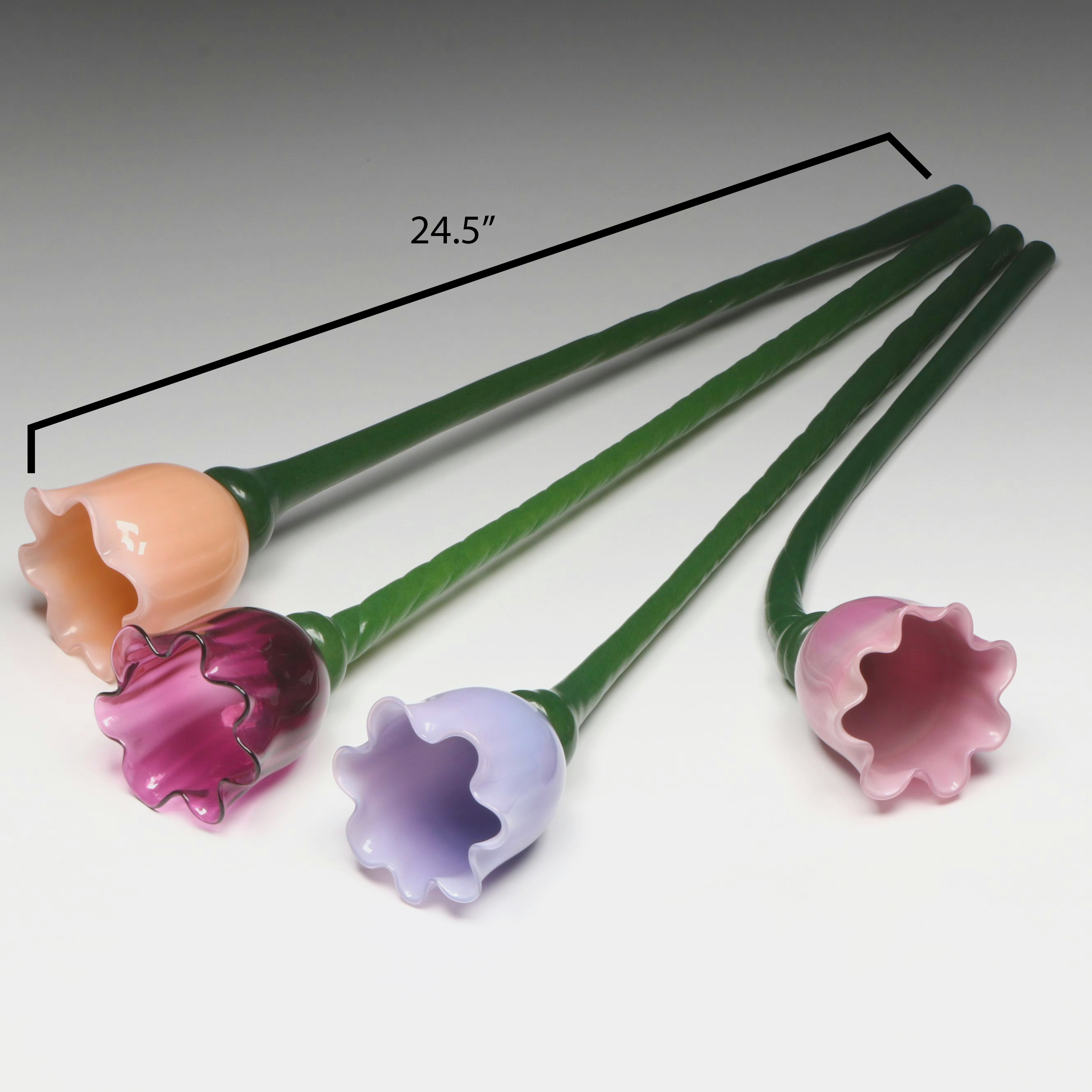 Signed Blown Art Glass Long Stem Flowers