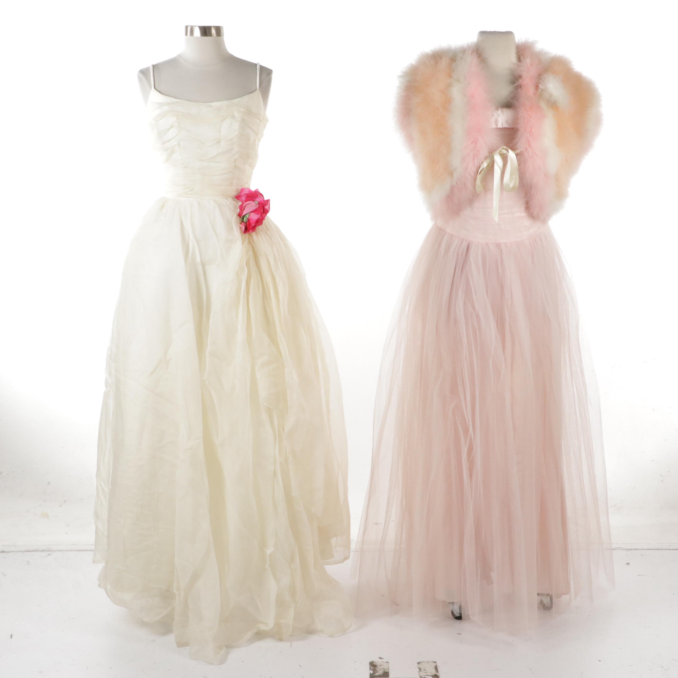 Ruched Bodice Sleeveless Gowns, 1950s, and Fernando Sánchez Marabou Shrug