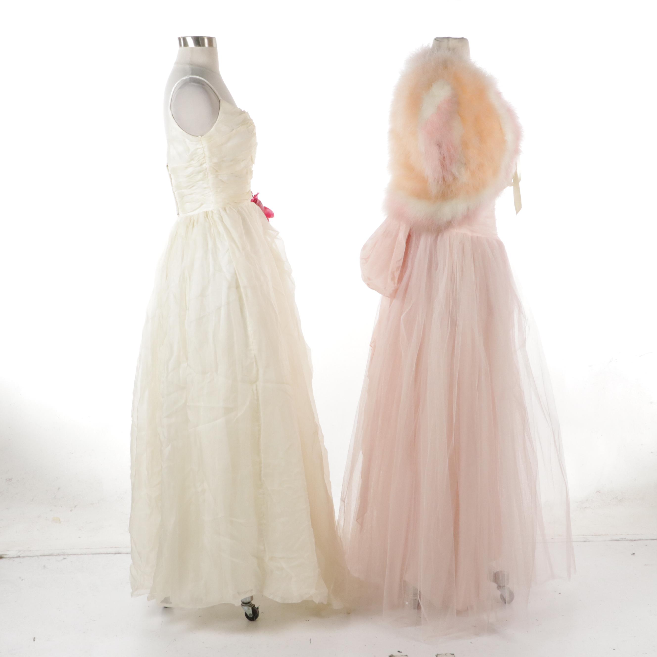 Ruched Bodice Sleeveless Gowns, 1950s, and Fernando Sánchez Marabou Shrug