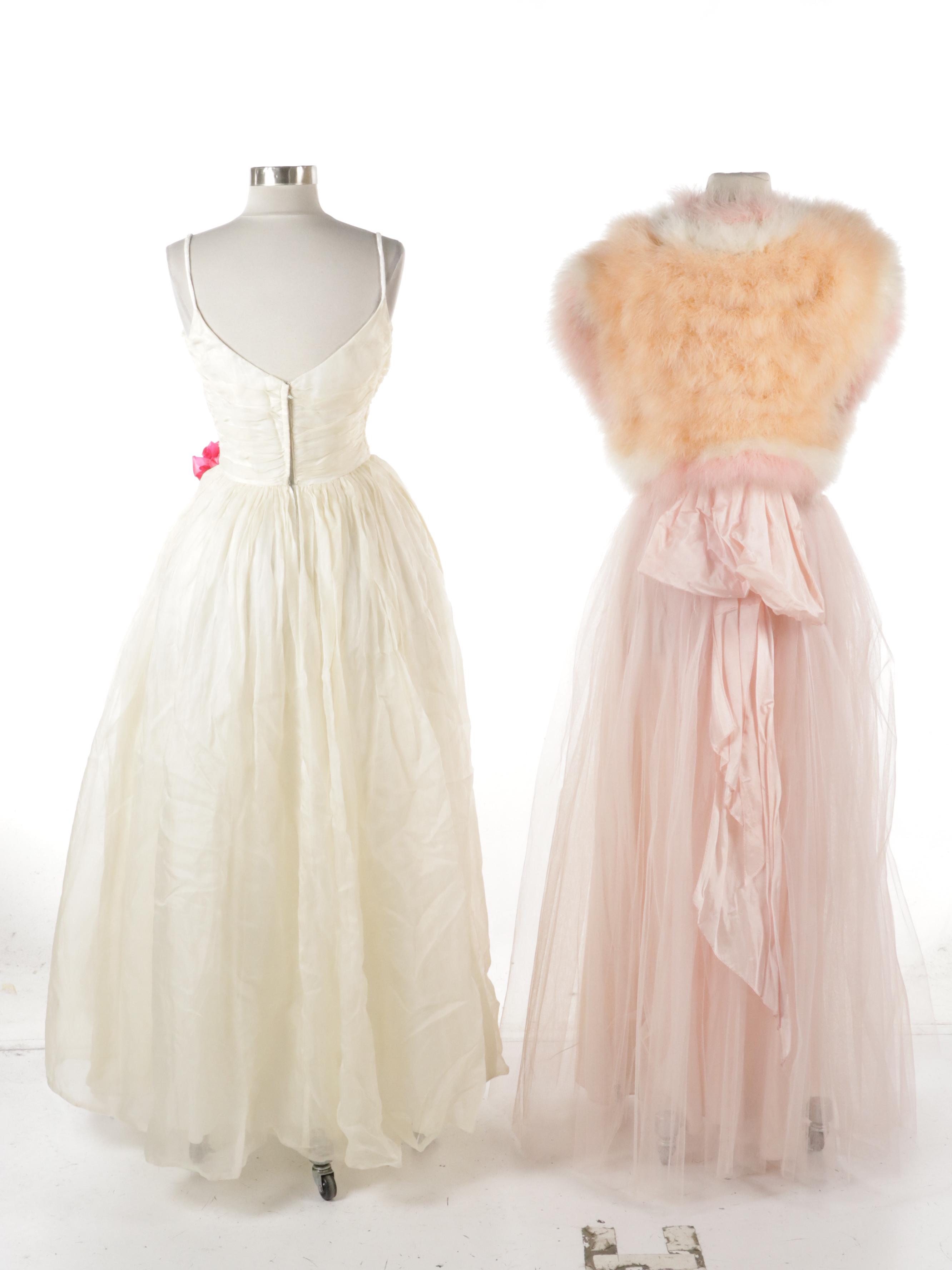 Ruched Bodice Sleeveless Gowns, 1950s, and Fernando Sánchez Marabou Shrug