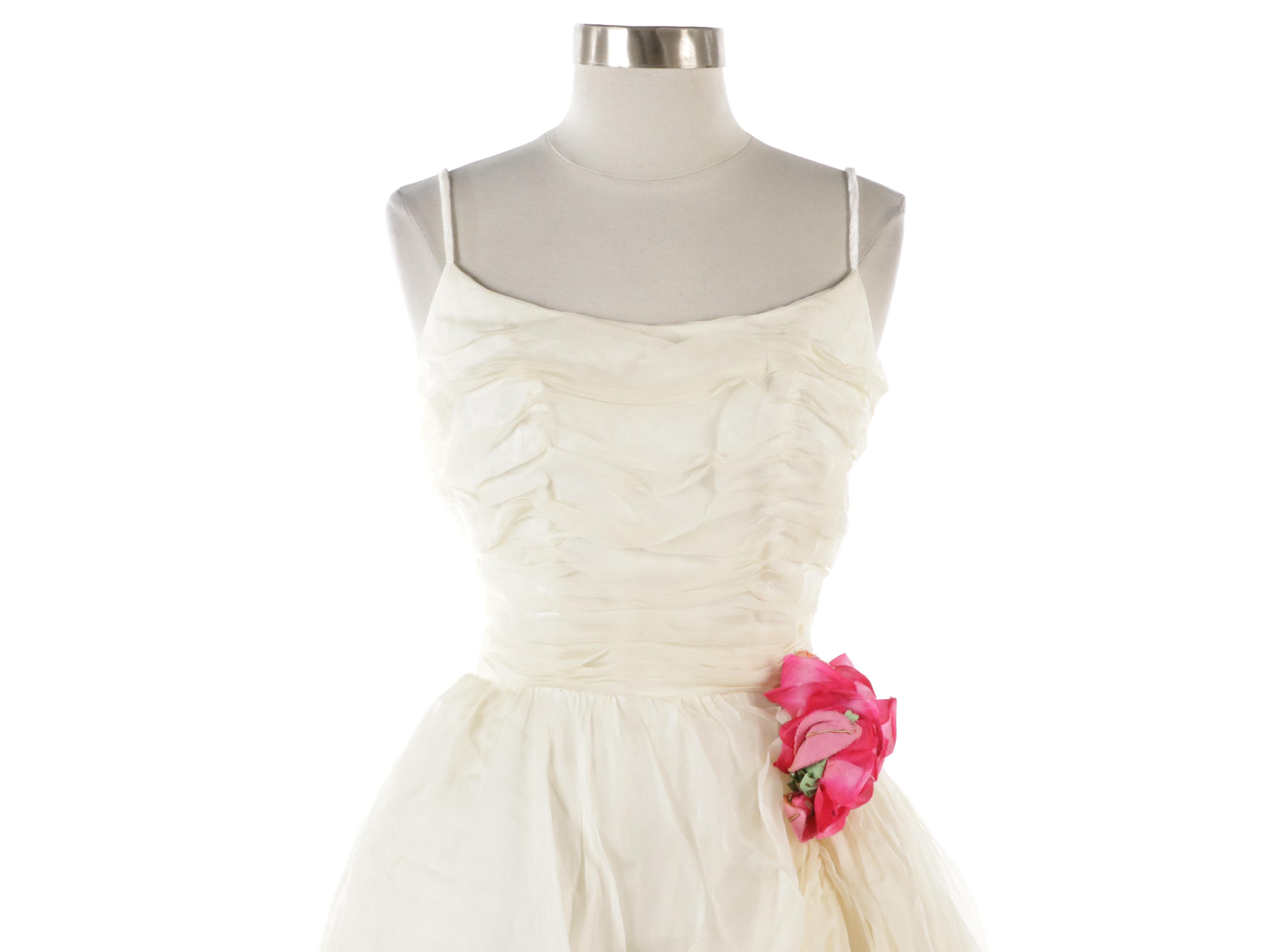 Ruched Bodice Sleeveless Gowns, 1950s, and Fernando Sánchez Marabou Shrug