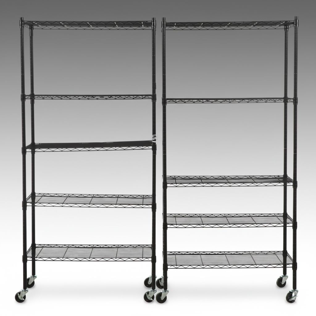 Pair of Black Commercial Wire Shelving Units with Casters
