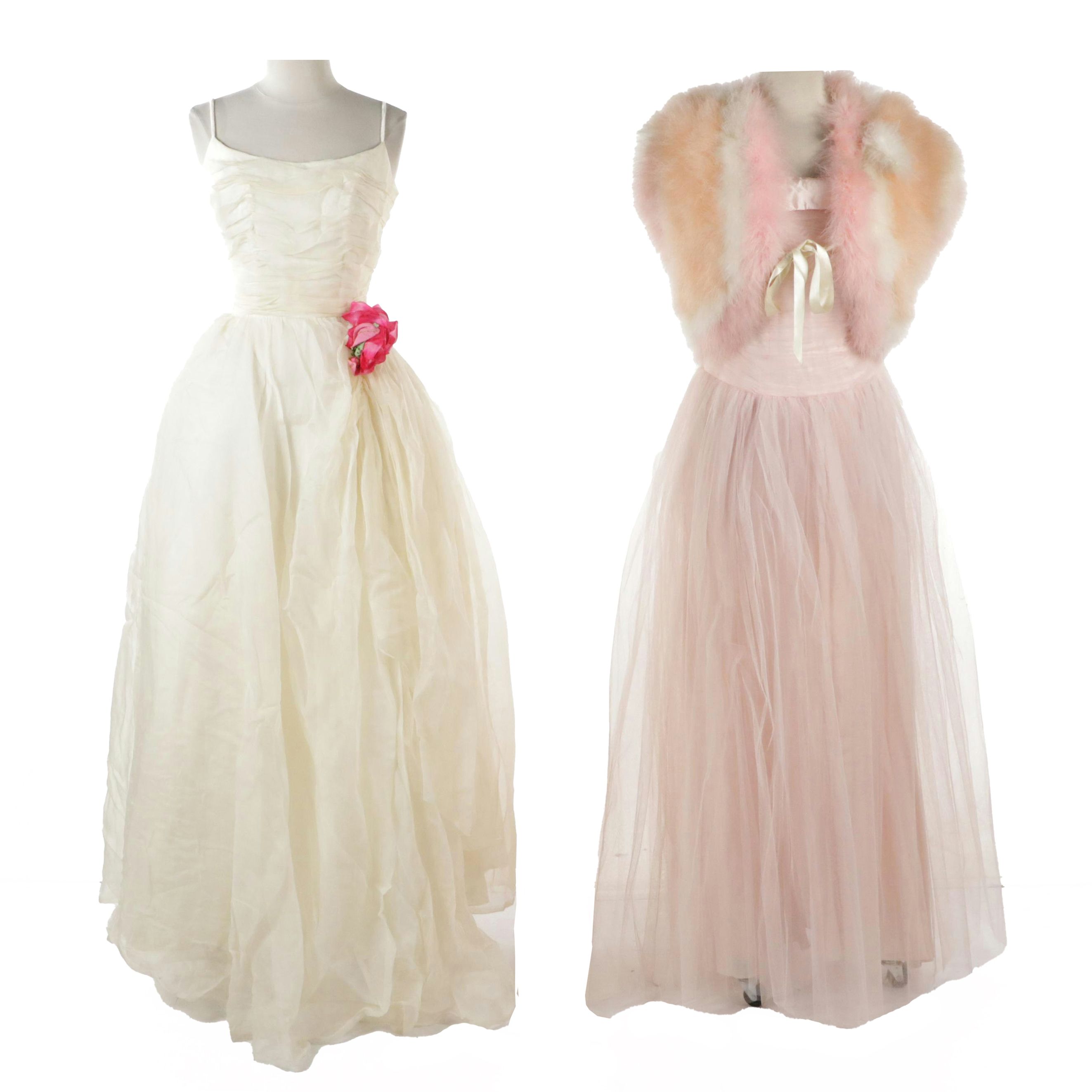 Ruched Bodice Sleeveless Gowns, 1950s, and Fernando Sánchez Marabou Shrug