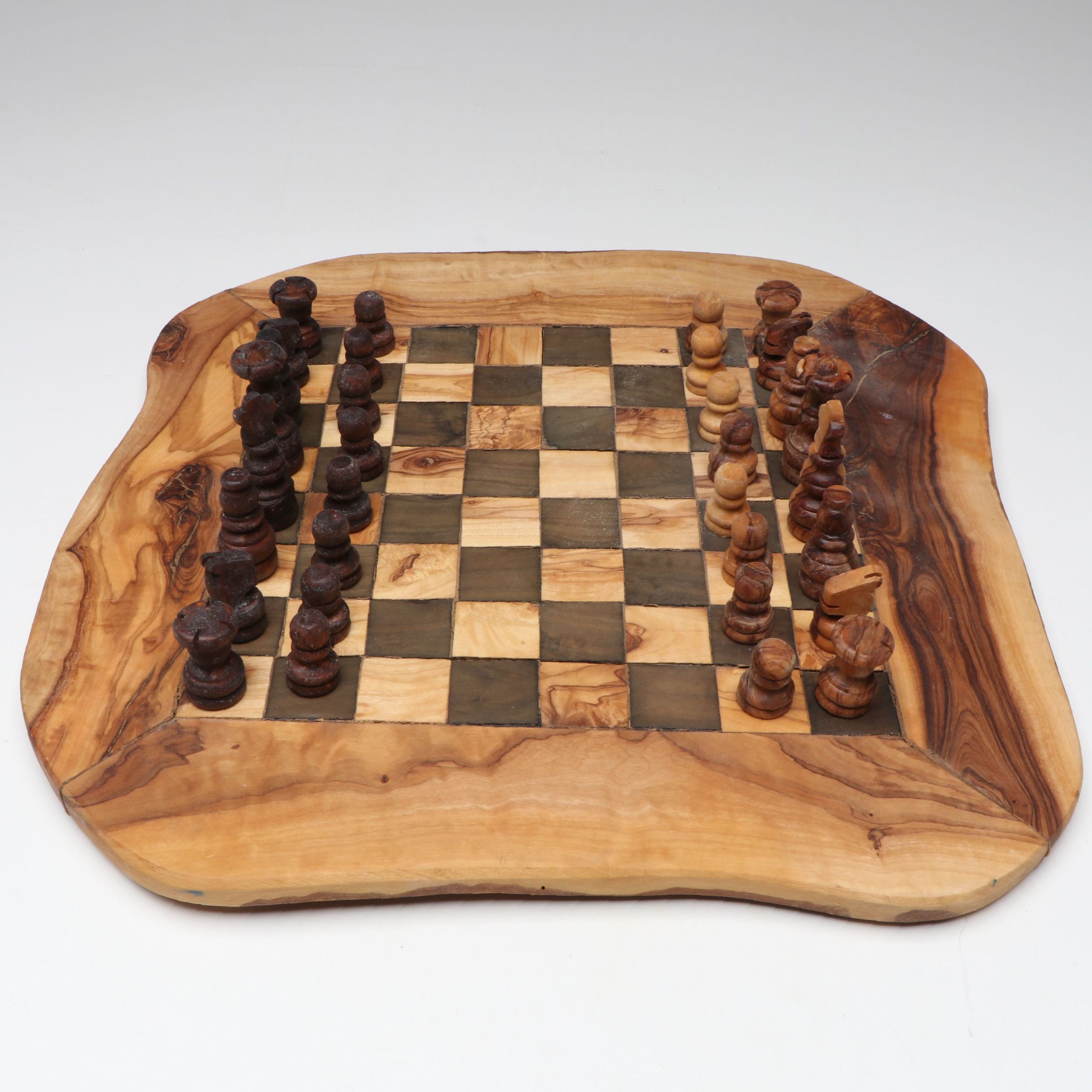Rustic Hand-Carved Wood Chess Board and Pieces